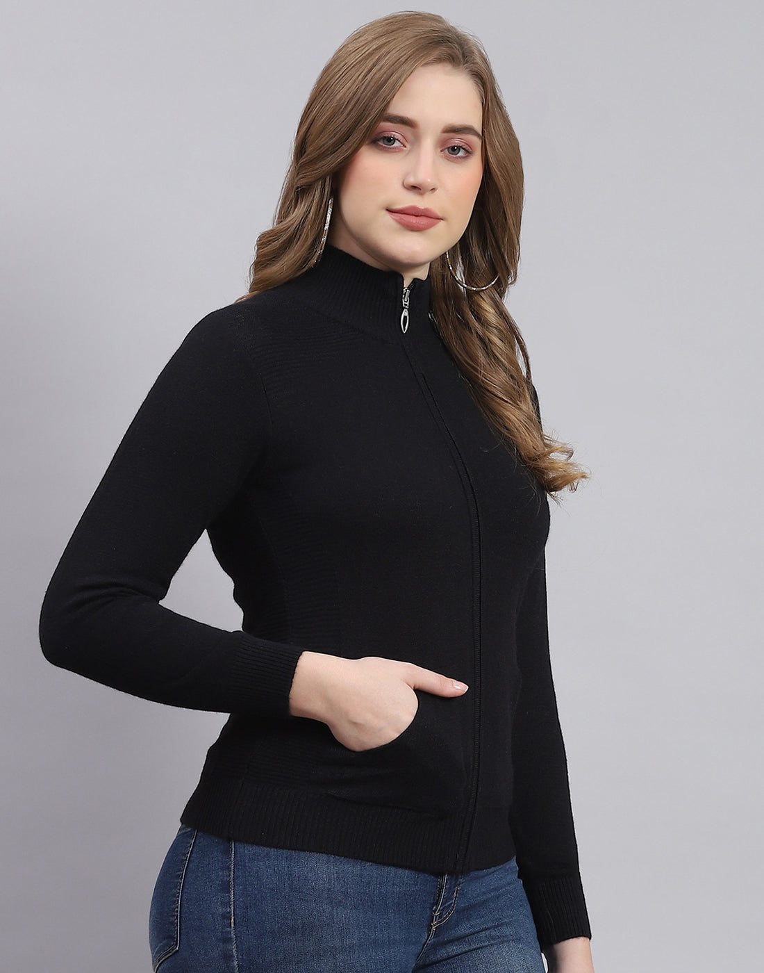 Women Black Solid Stand Collar Full Sleeve Cardigan