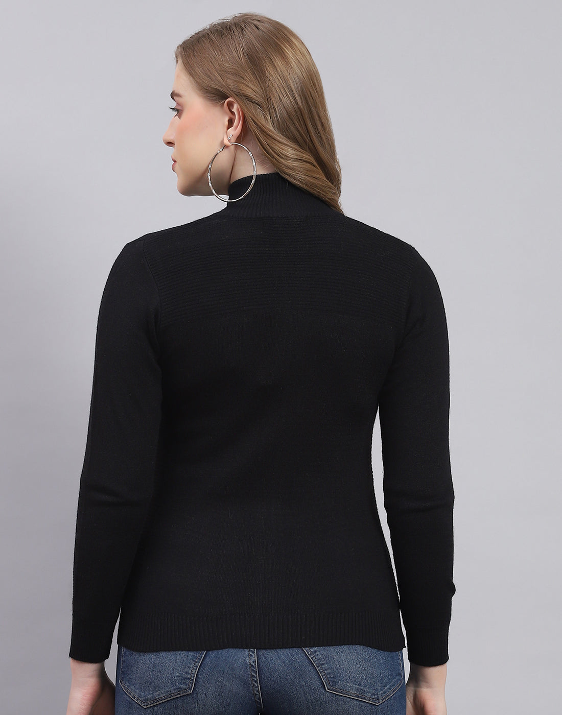 Women Black Solid Stand Collar Full Sleeve Cardigan