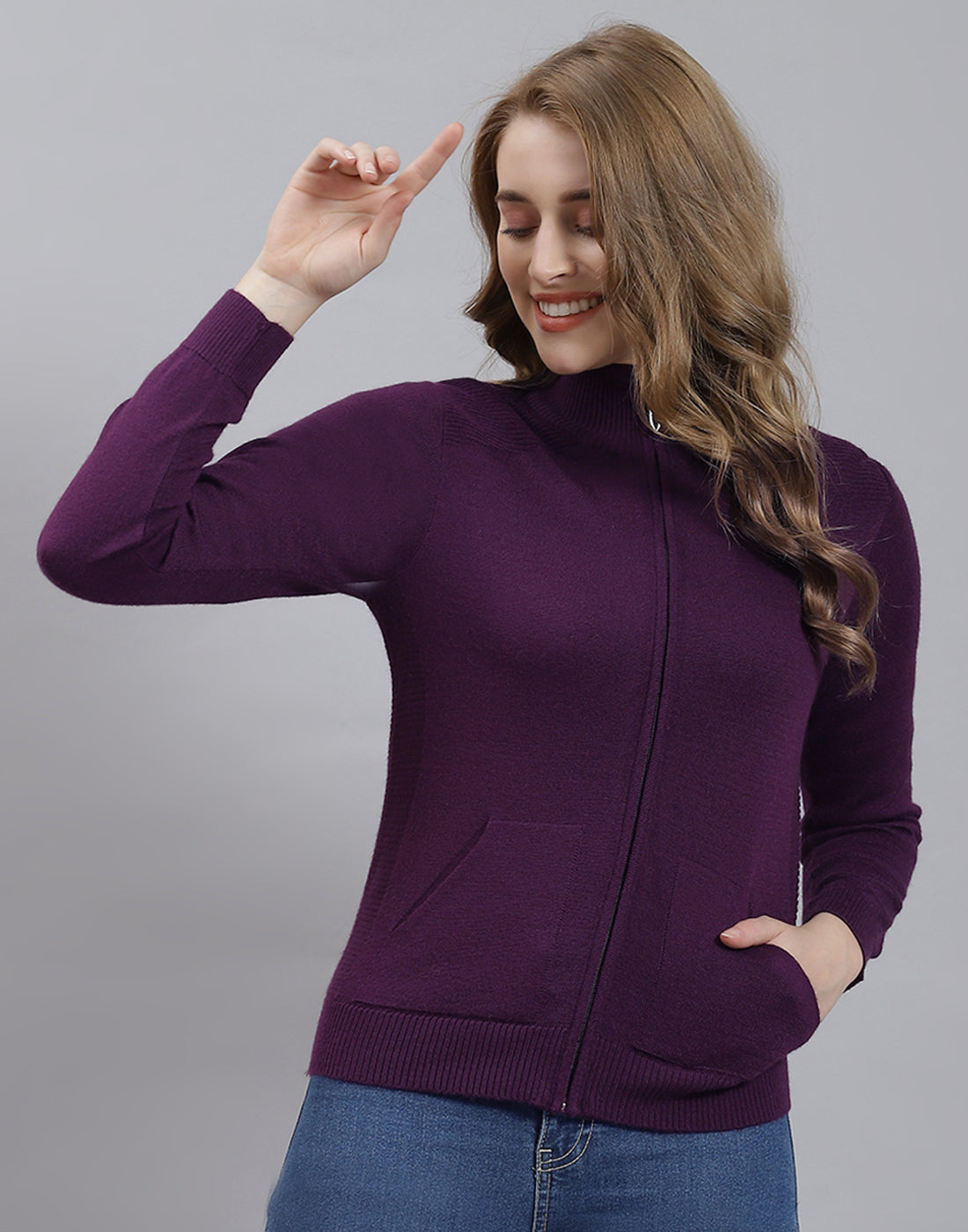 Women Purple Solid Stand Collar Full Sleeve Cardigan