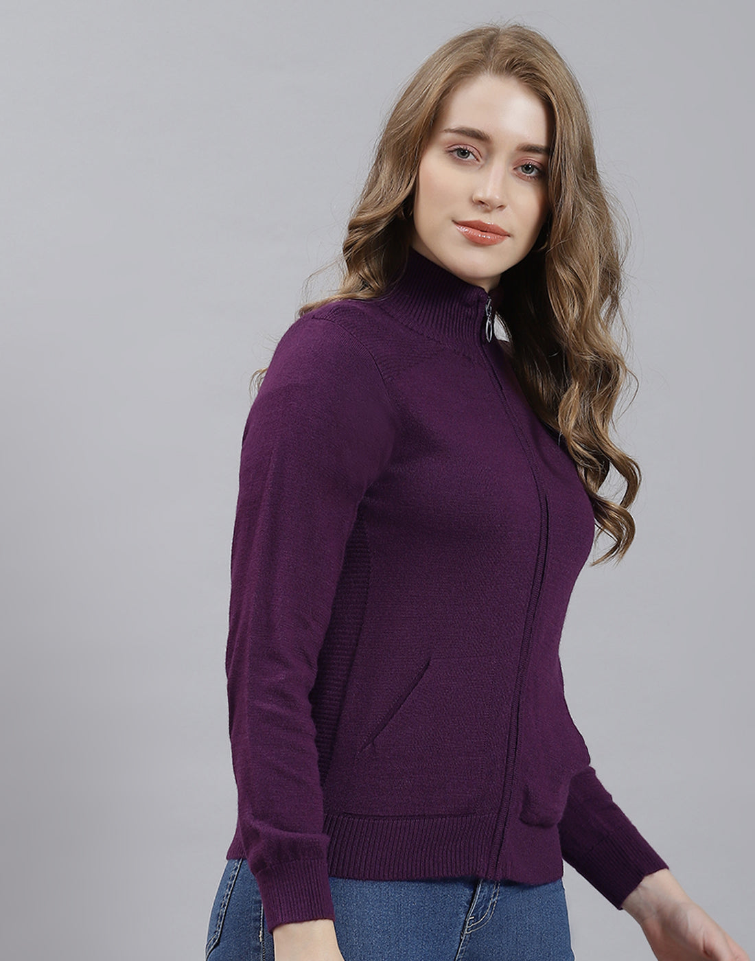 Women Purple Solid Stand Collar Full Sleeve Cardigan