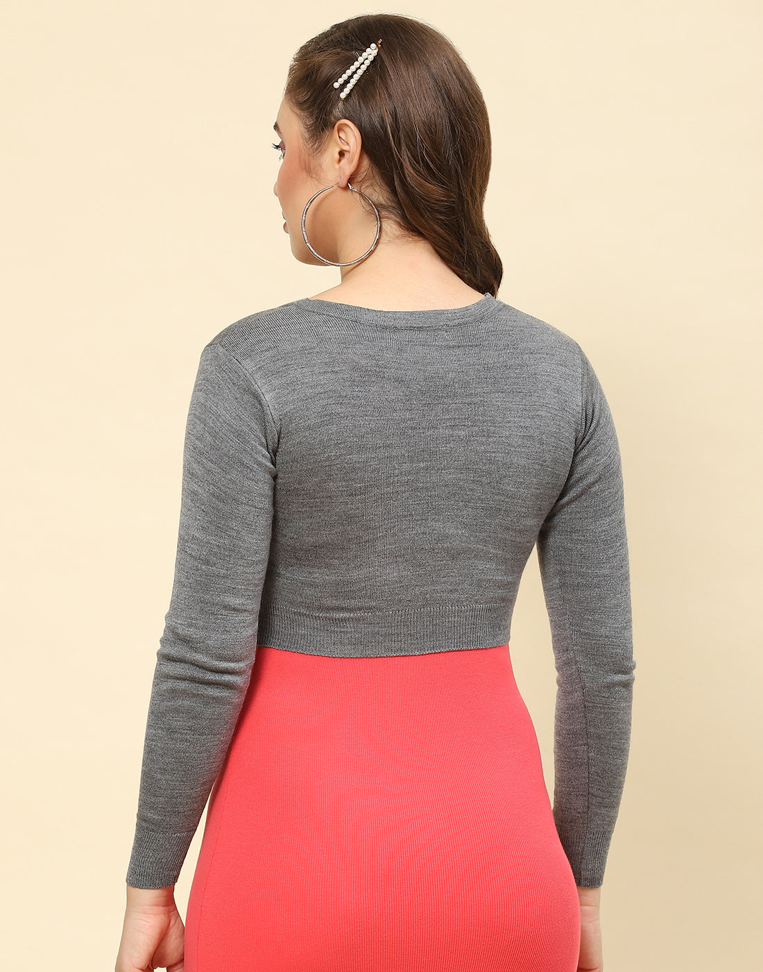 Women Grey Solid V Neck Full Sleeve Blouse