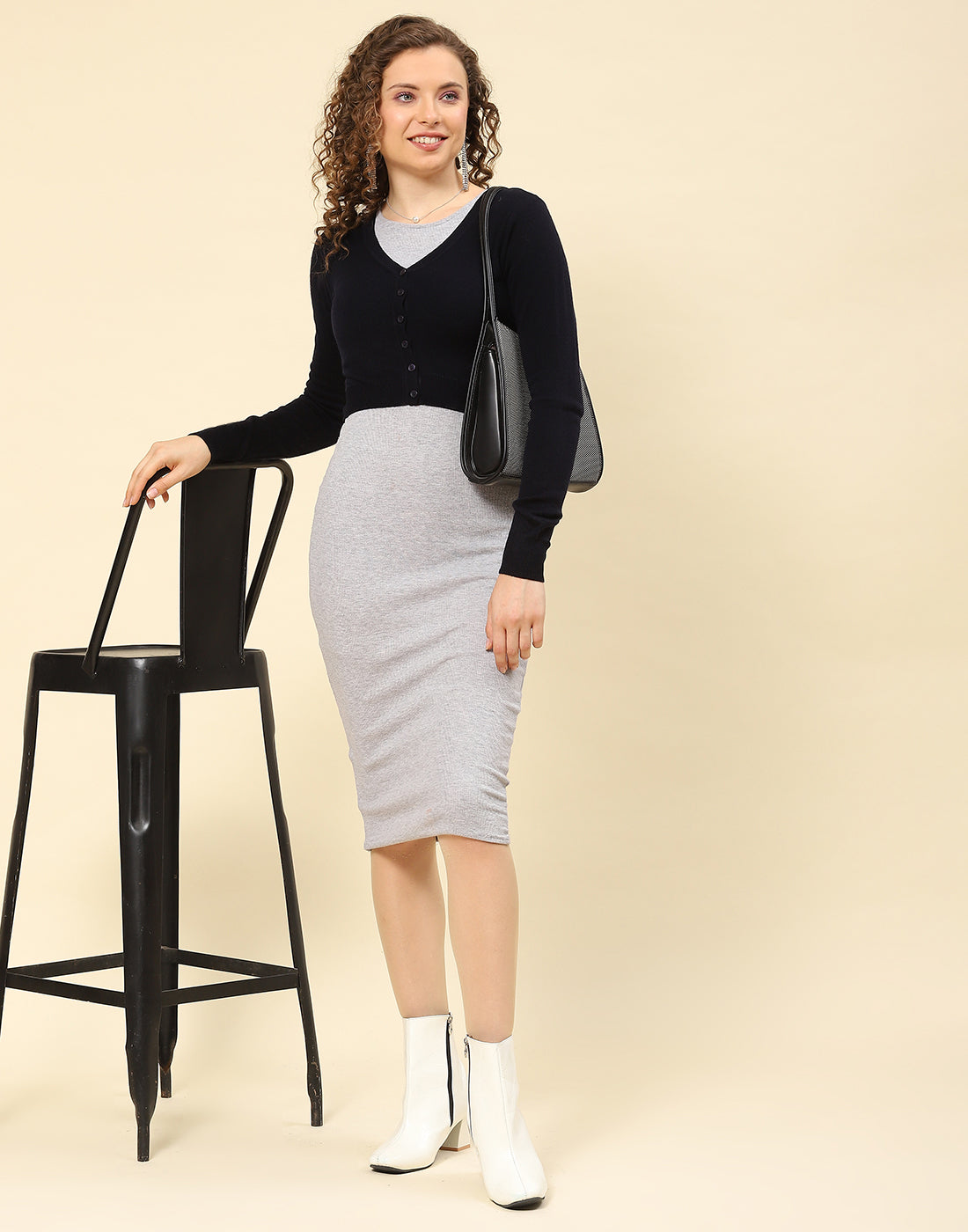 Women Navy Blue Rib Square Neck Full Sleeves Top