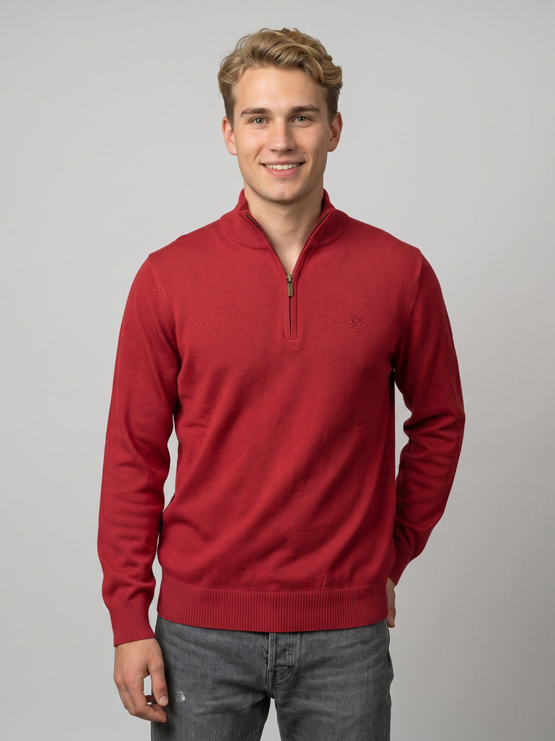 Men Red Solid High Neck Full Sleeve Pullover