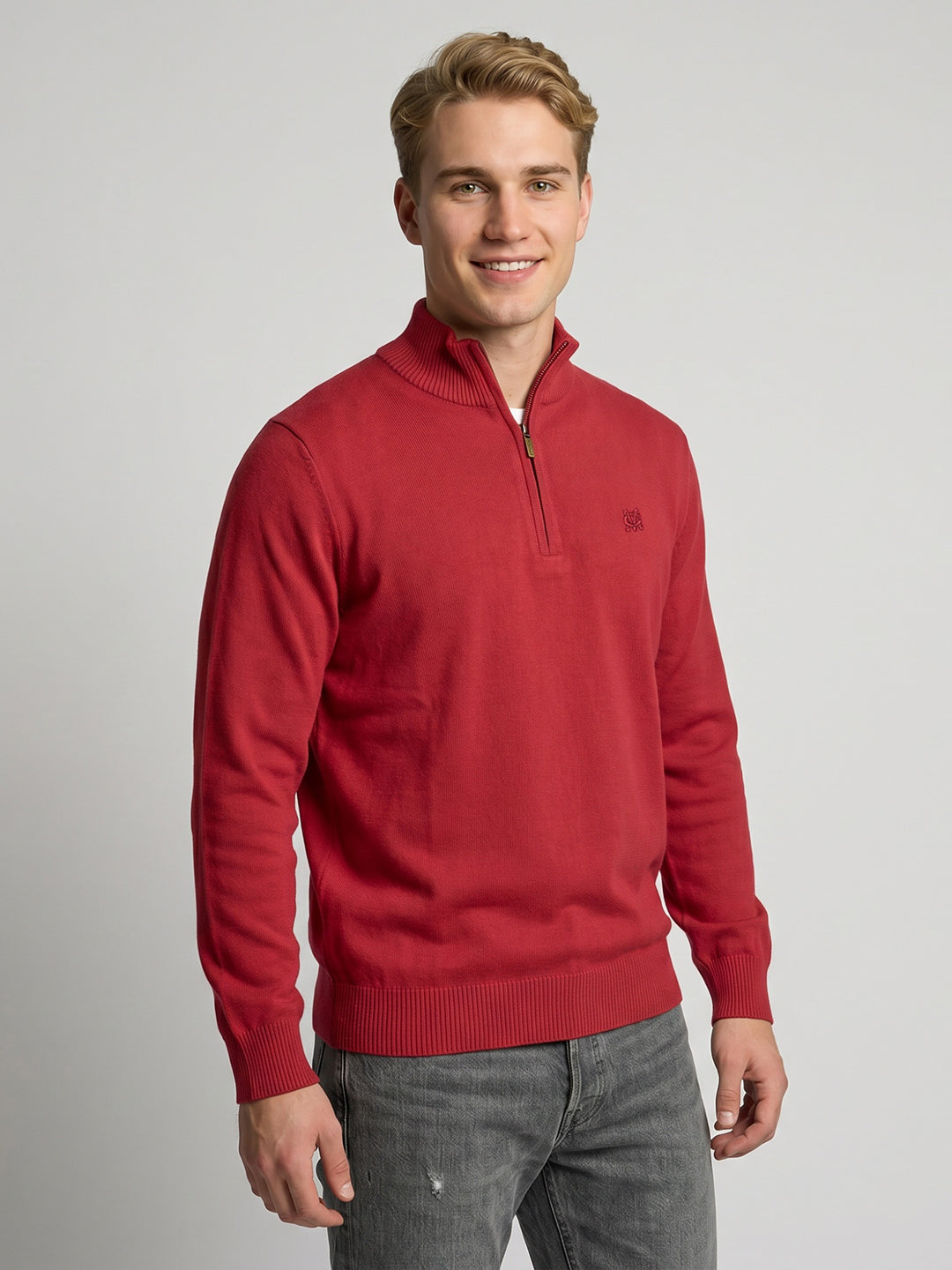 Men Red Solid High Neck Full Sleeve Pullover