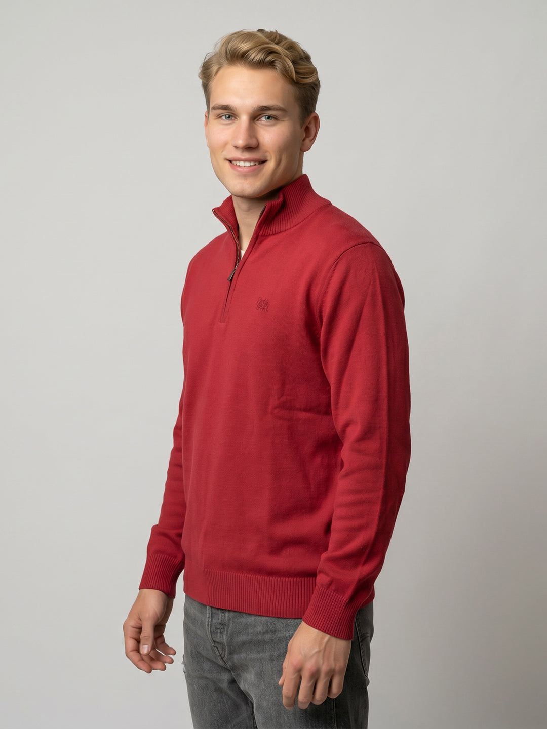 Men Red Solid High Neck Full Sleeve Pullover