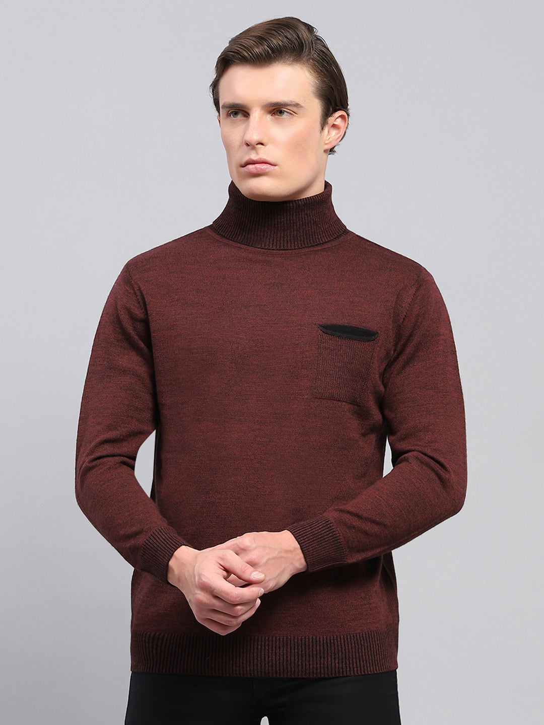 Men Maroon Solid Turtle Neck Full Sleeve Pullover
