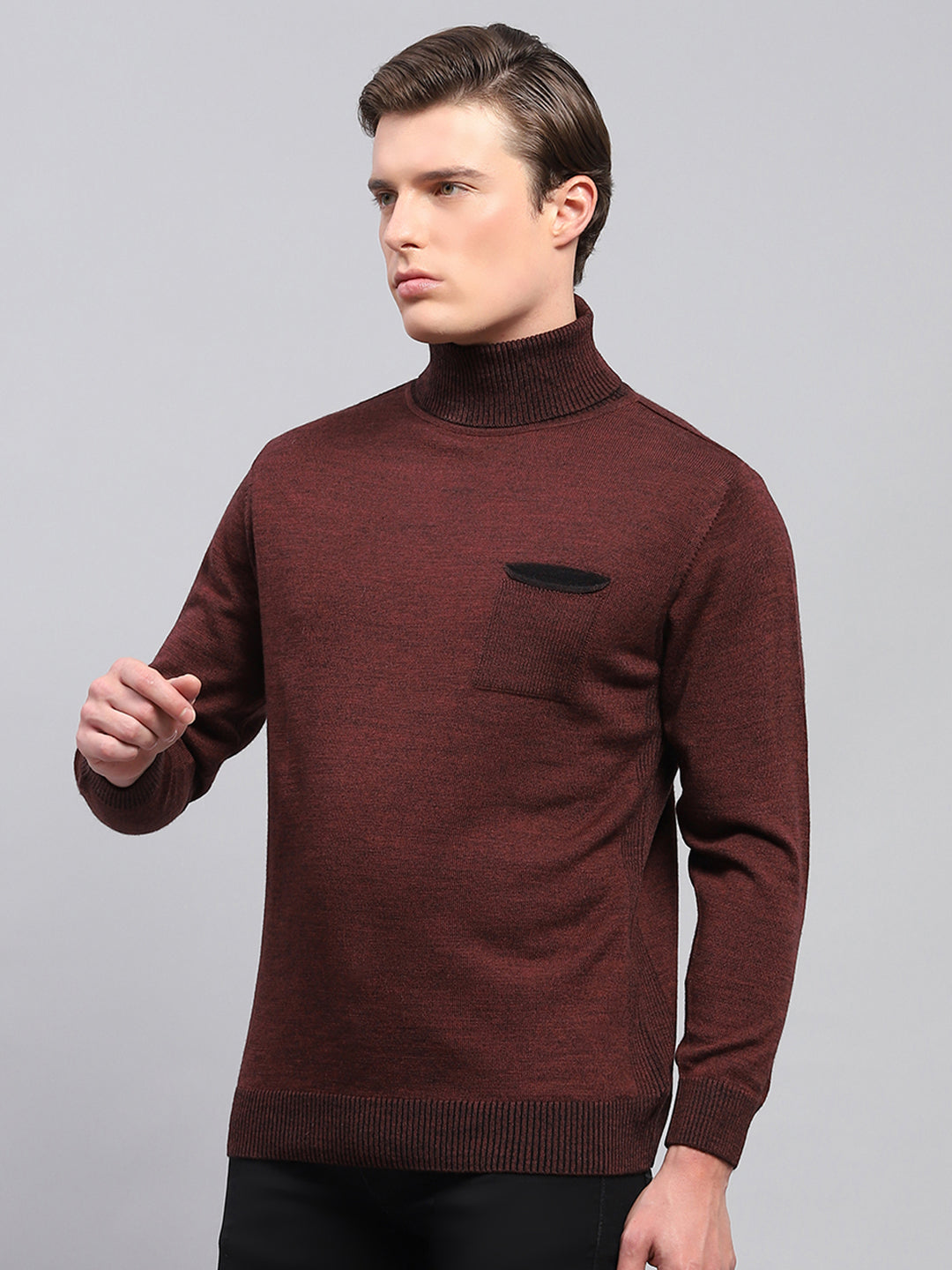 Men Maroon Solid Turtle Neck Full Sleeve Pullover