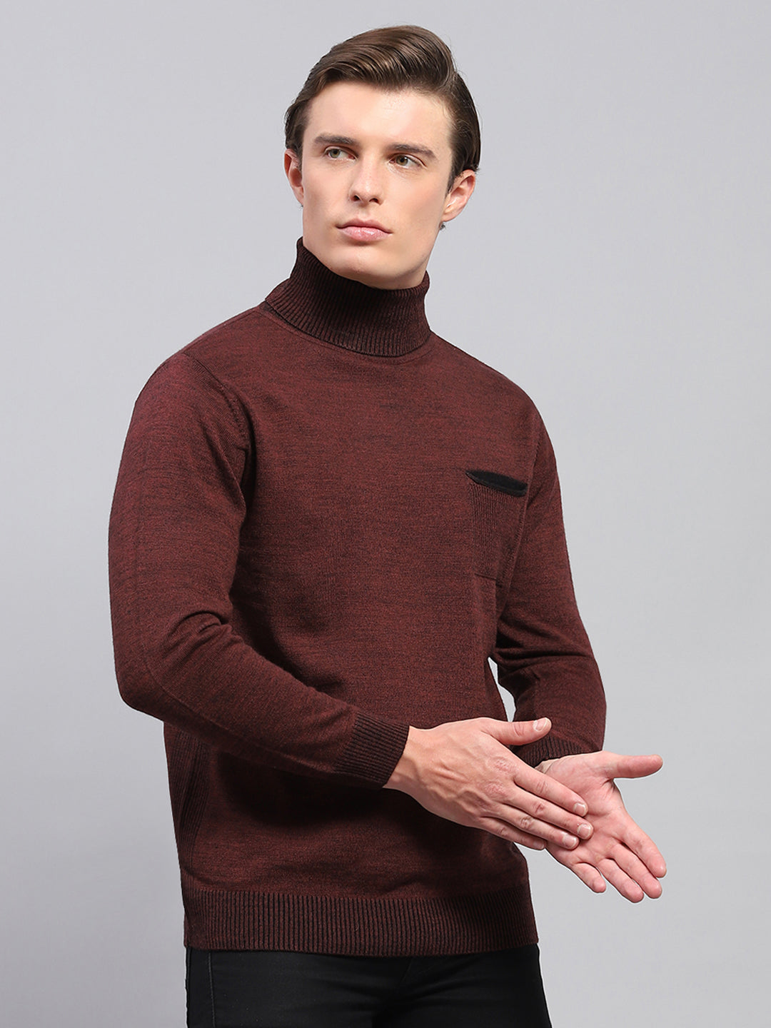 Men Maroon Solid Turtle Neck Full Sleeve Pullover