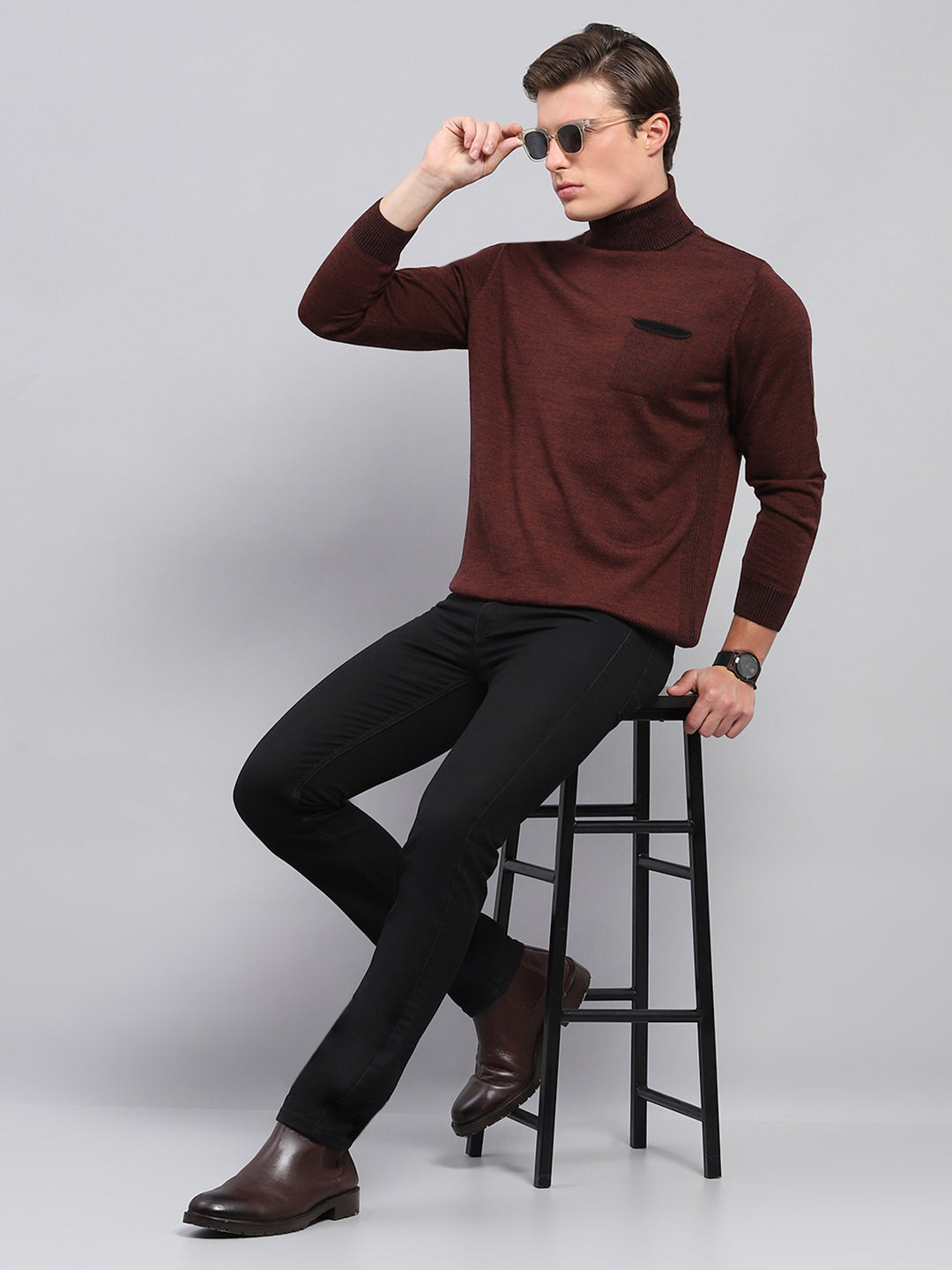 Men Maroon Solid Turtle Neck Full Sleeve Pullover