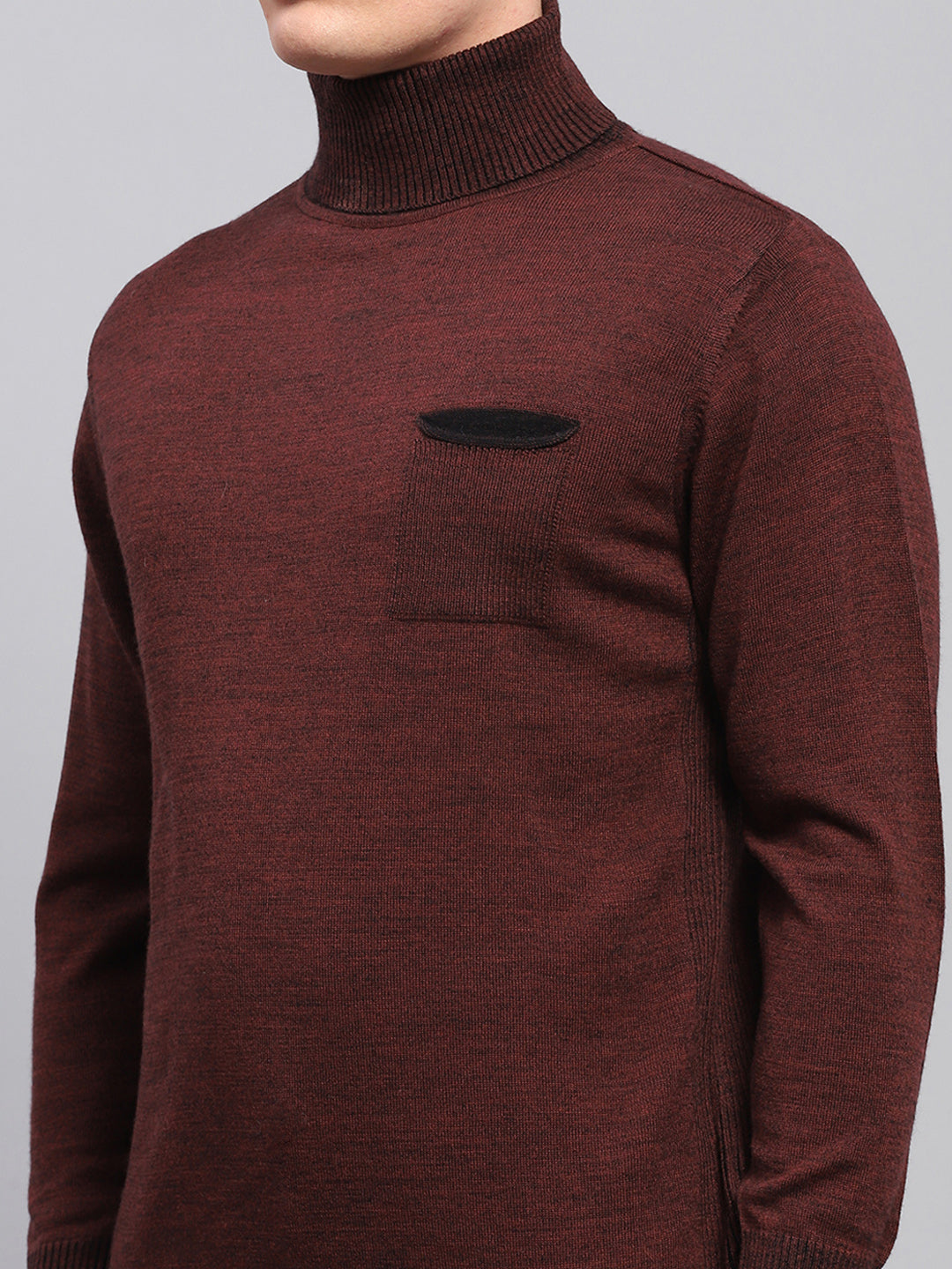 Men Maroon Solid Turtle Neck Full Sleeve Pullover