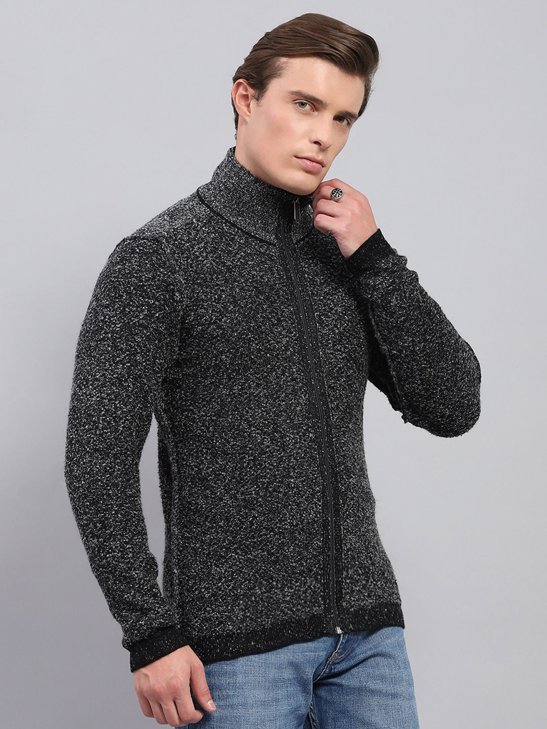 Men Black Self Design High Neck Full Sleeve Pullover