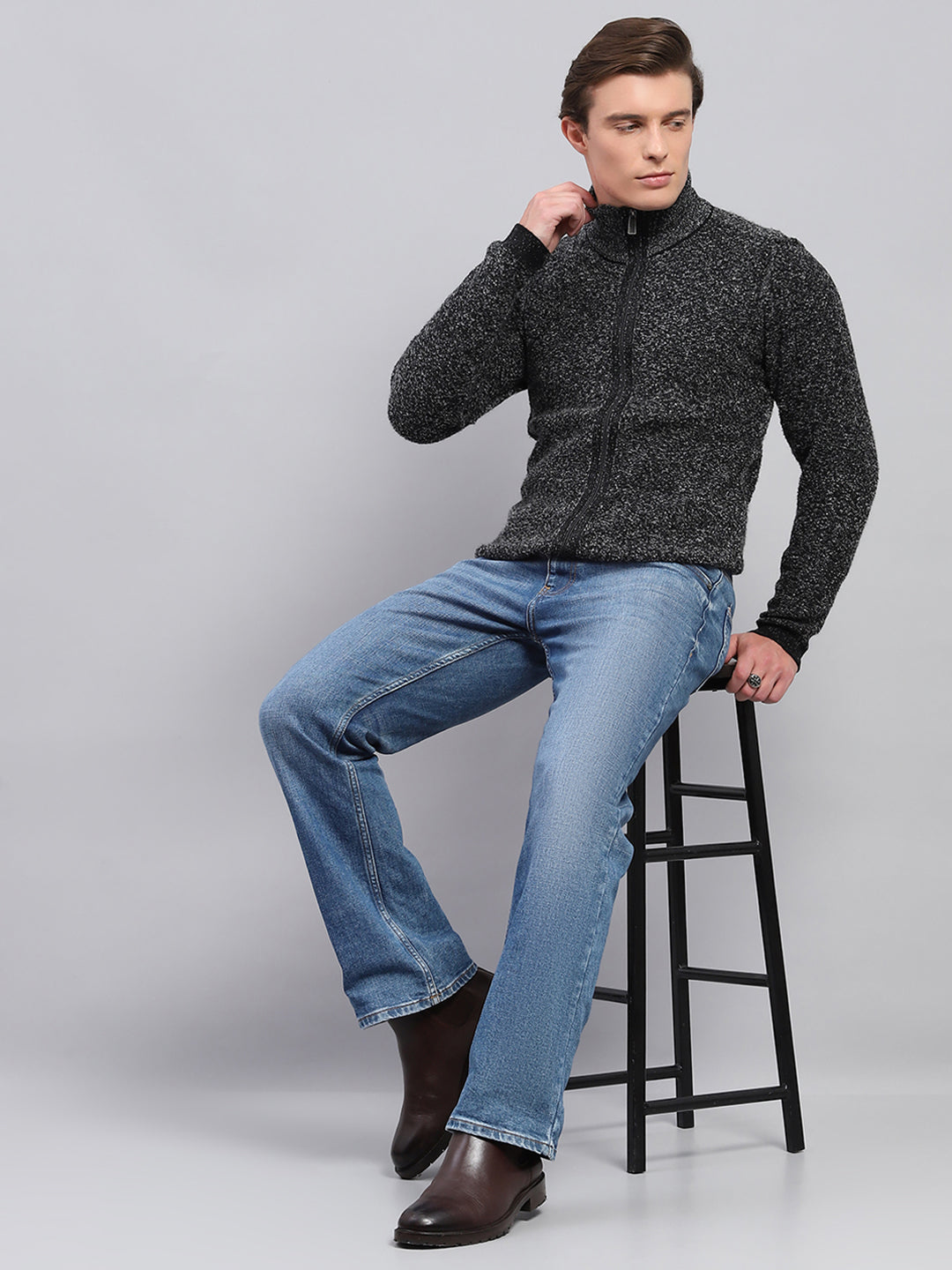 Men Black Self Design High Neck Full Sleeve Pullover