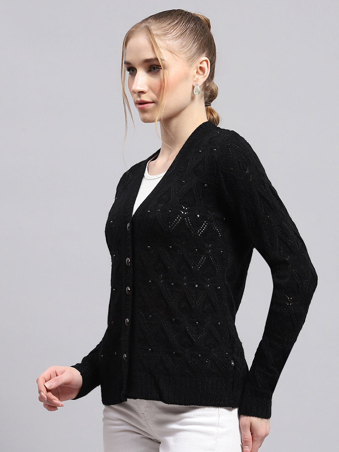 Women Black Self Design V Neck Full Sleeve Cardigan