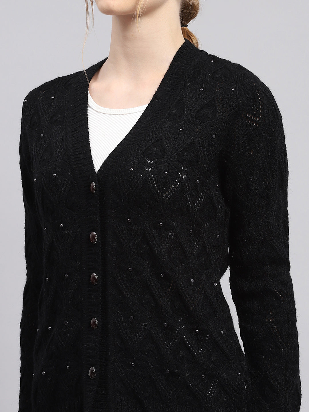 Women Black Self Design V Neck Full Sleeve Cardigan