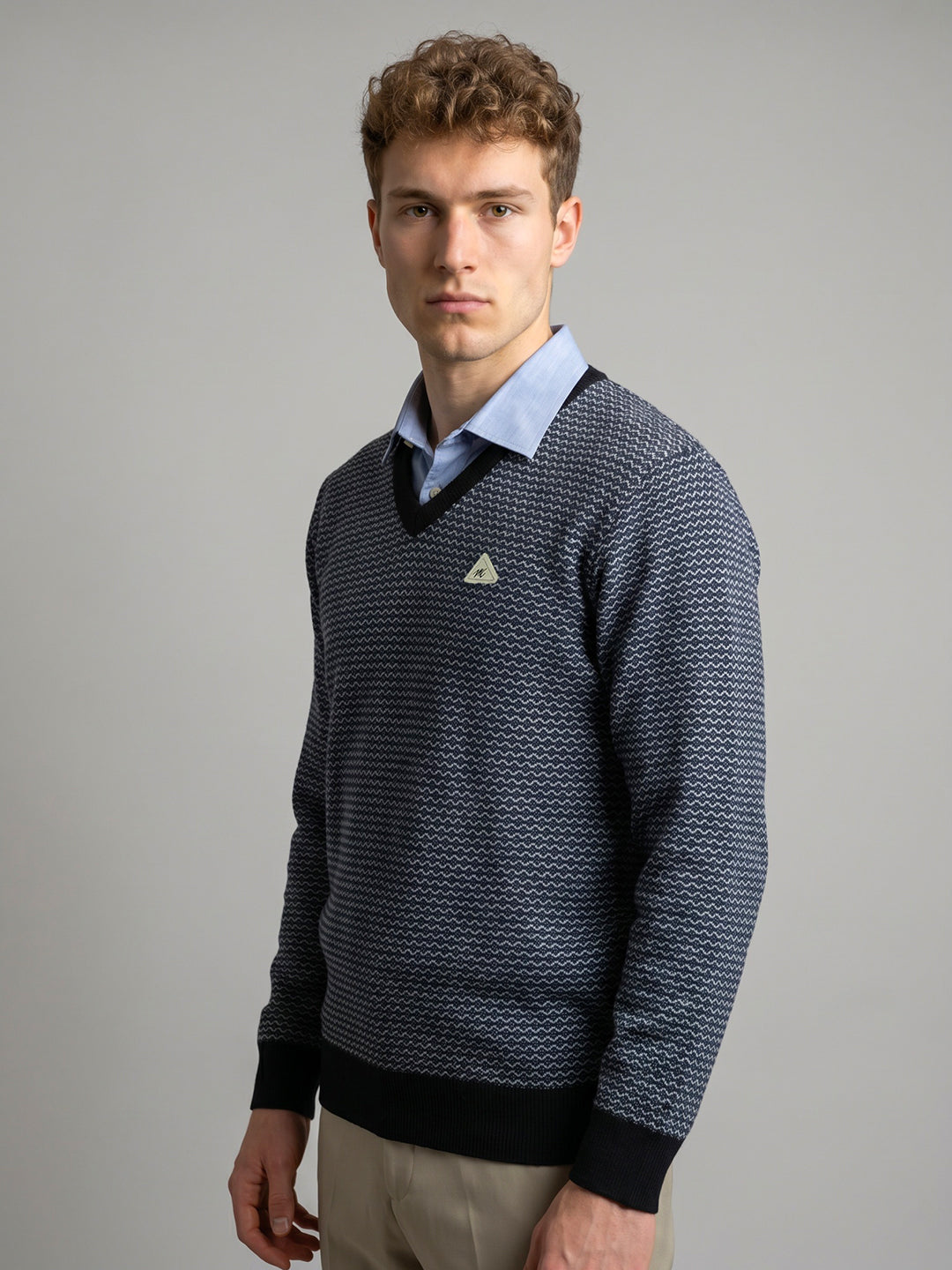 Men Navy Blue Jacquard V Neck Full Sleeve Pullover