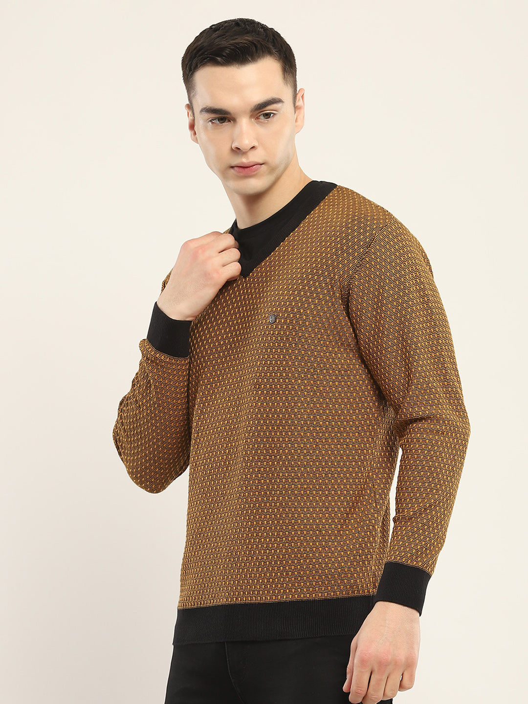 Men Camel Brown Self Design V Neck Full Sleeve Pullover