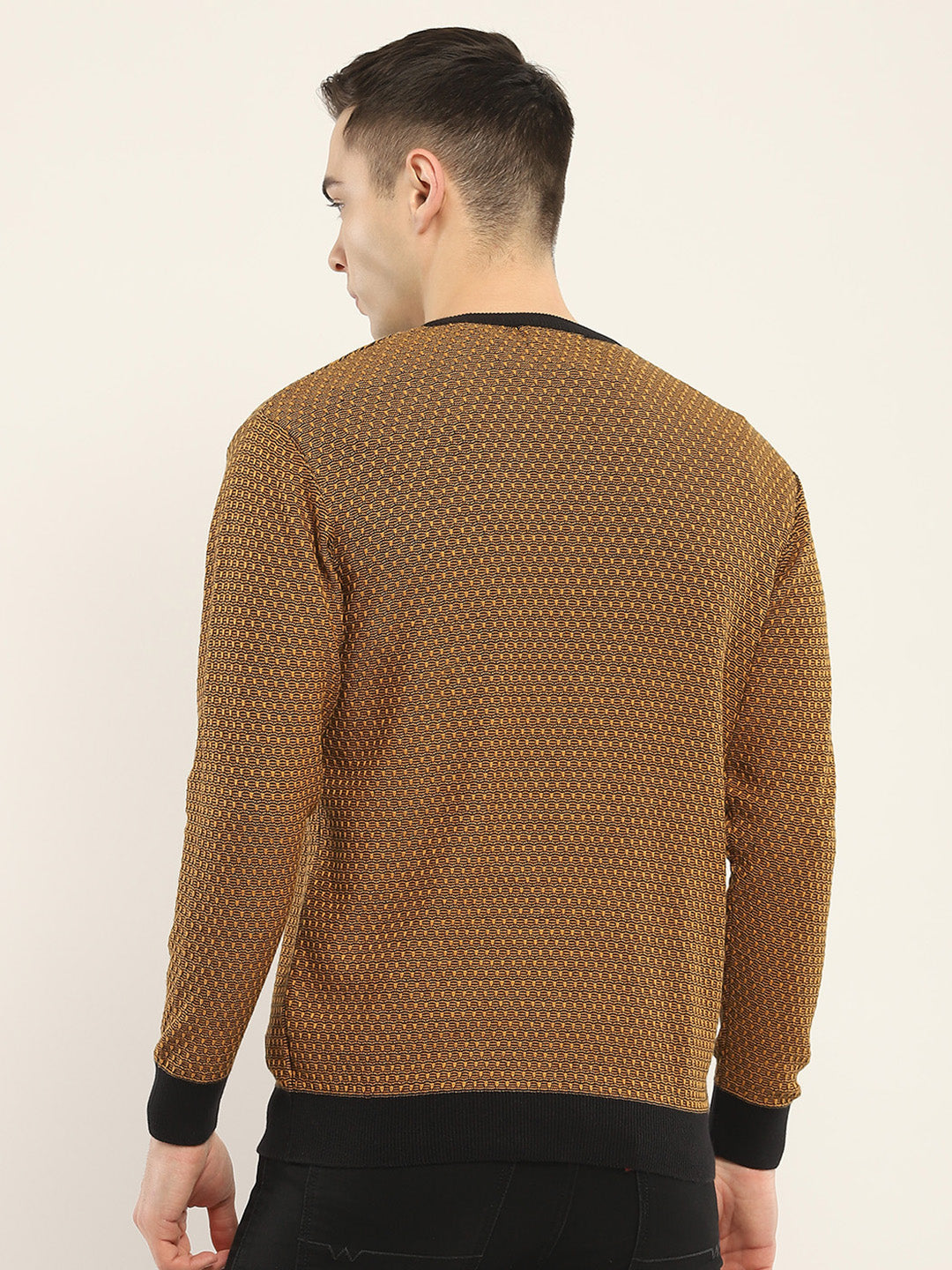 Men Camel Brown Self Design V Neck Full Sleeve Pullover