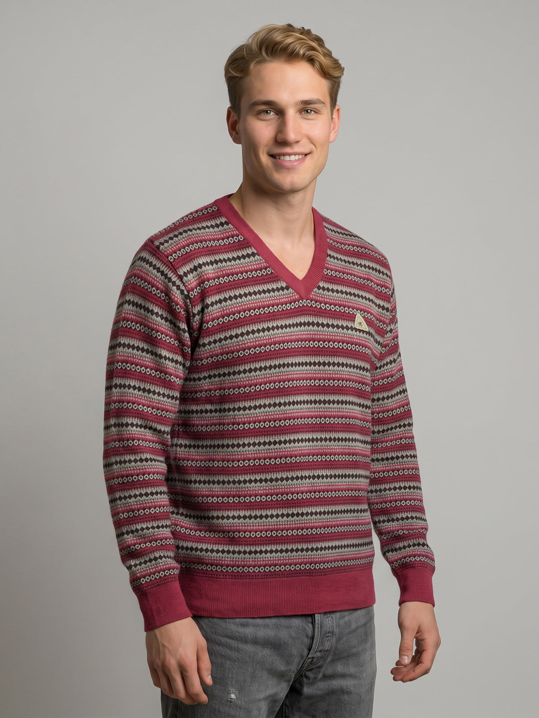 Men Red Jacquard V Neck Full Sleeve Pullover