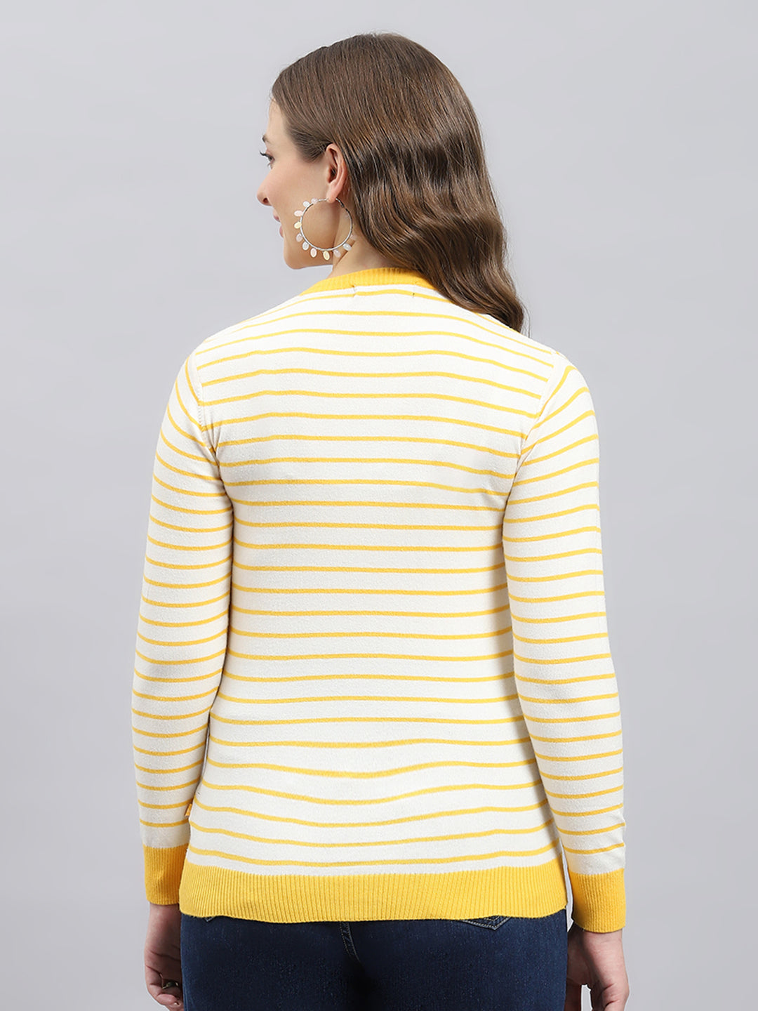 Women Yellow Self Design Round Neck Full Sleeve Cardigan