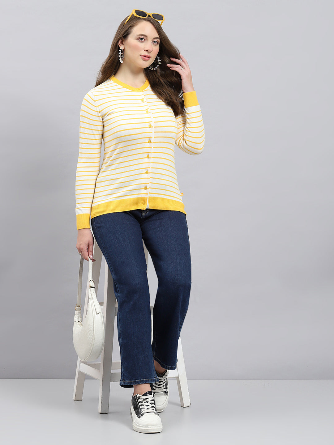 Women Yellow Self Design Round Neck Full Sleeve Cardigan