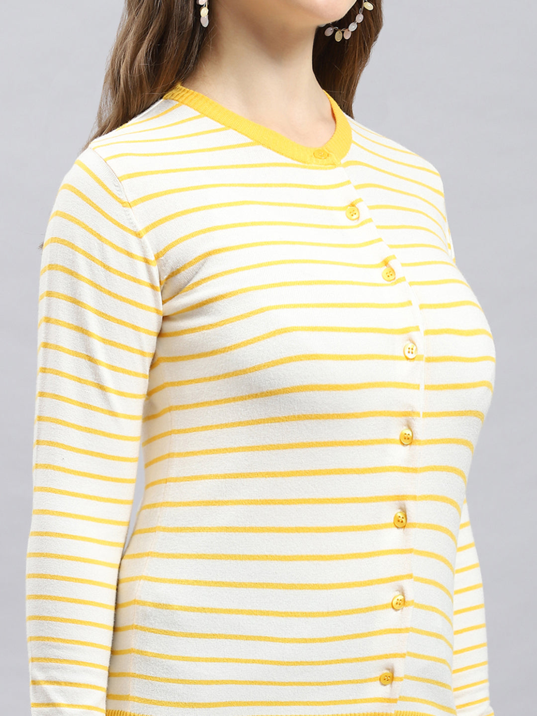 Women Yellow Self Design Round Neck Full Sleeve Cardigan