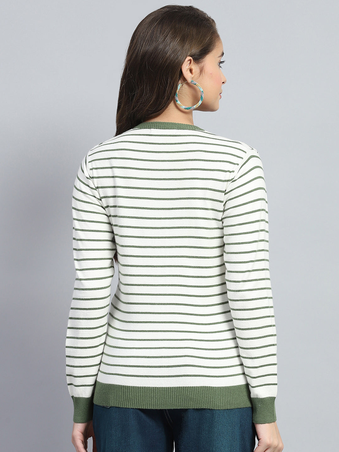 Women White Stripe Round Neck Full Sleeve Cardigan