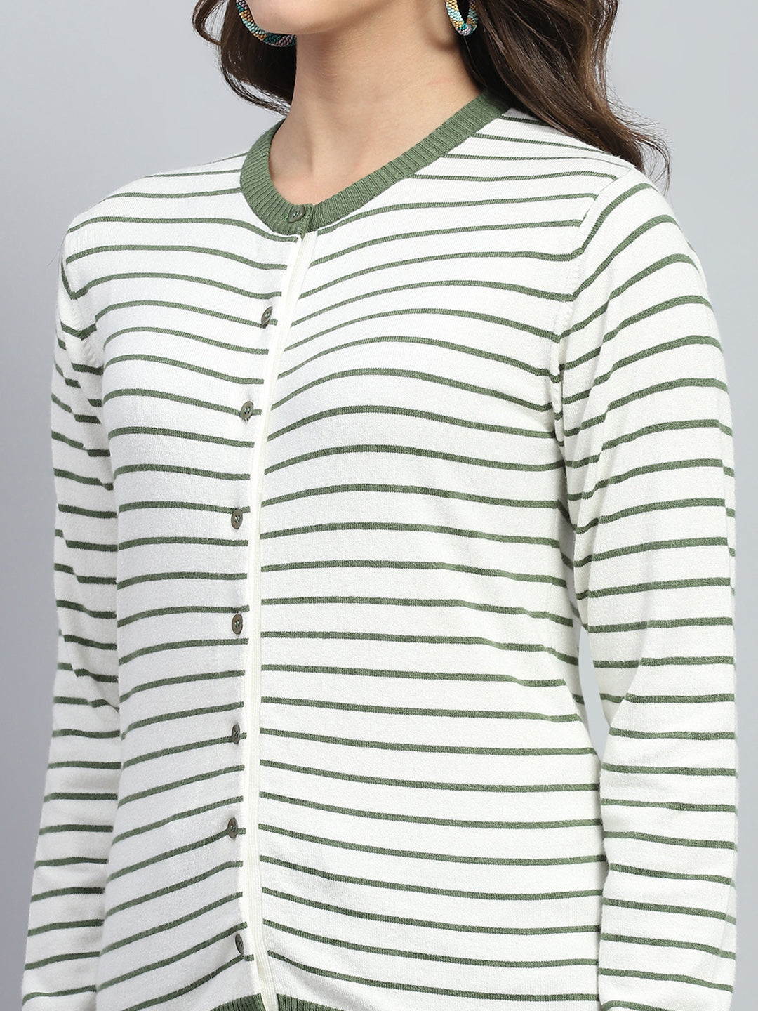 Women White Stripe Round Neck Full Sleeve Cardigan