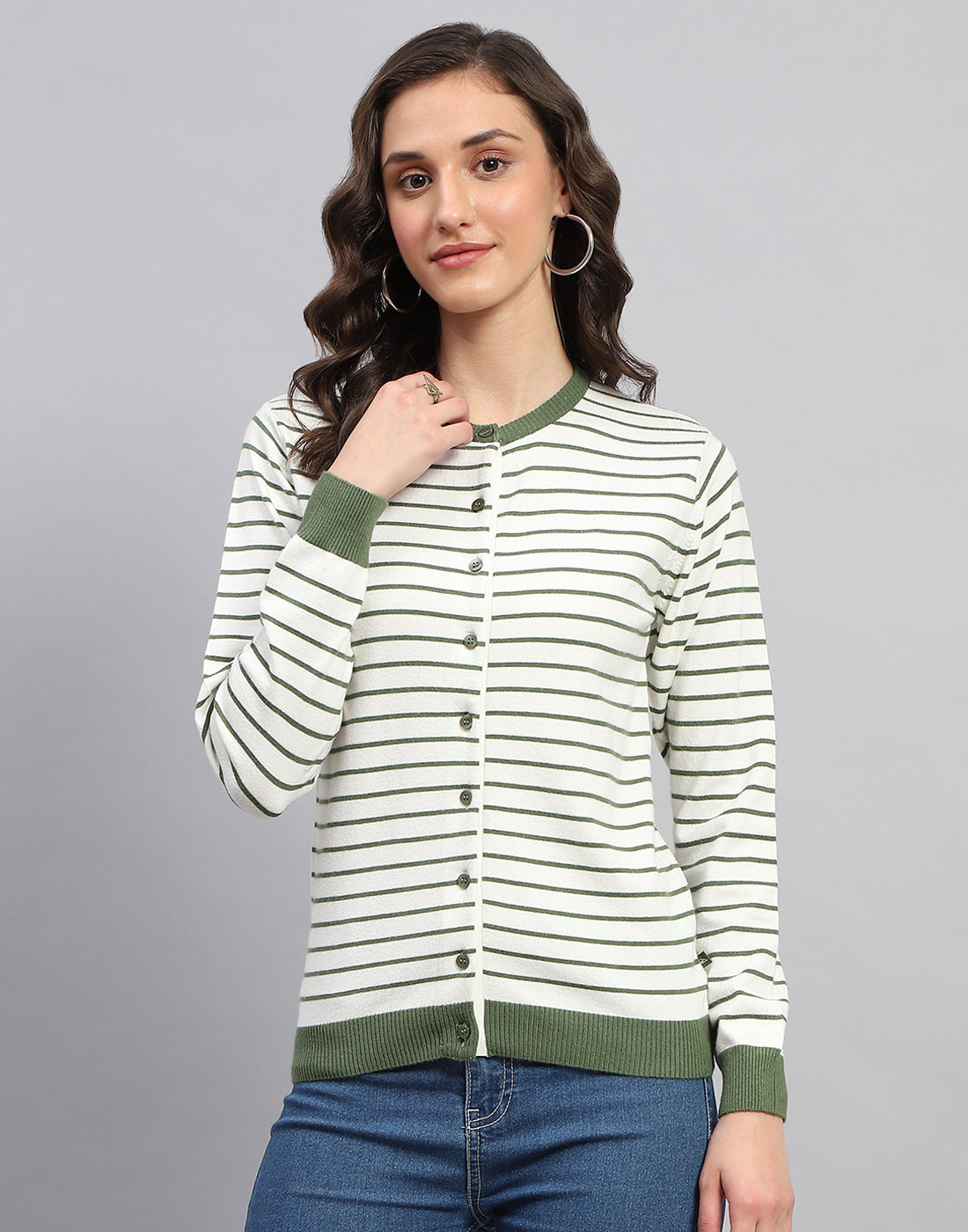 Women White Stripe Round Neck Full Sleeve Cardigan