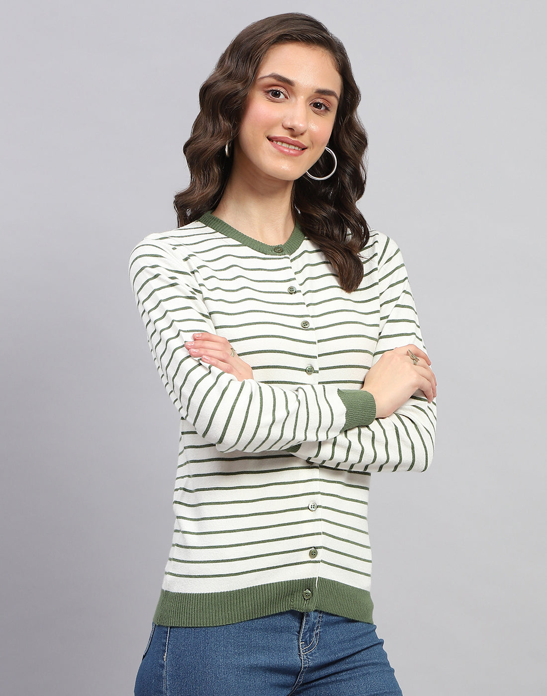 Women White Stripe Round Neck Full Sleeve Cardigan