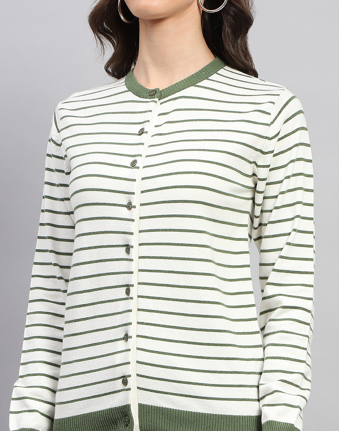 Women White Stripe Round Neck Full Sleeve Cardigan
