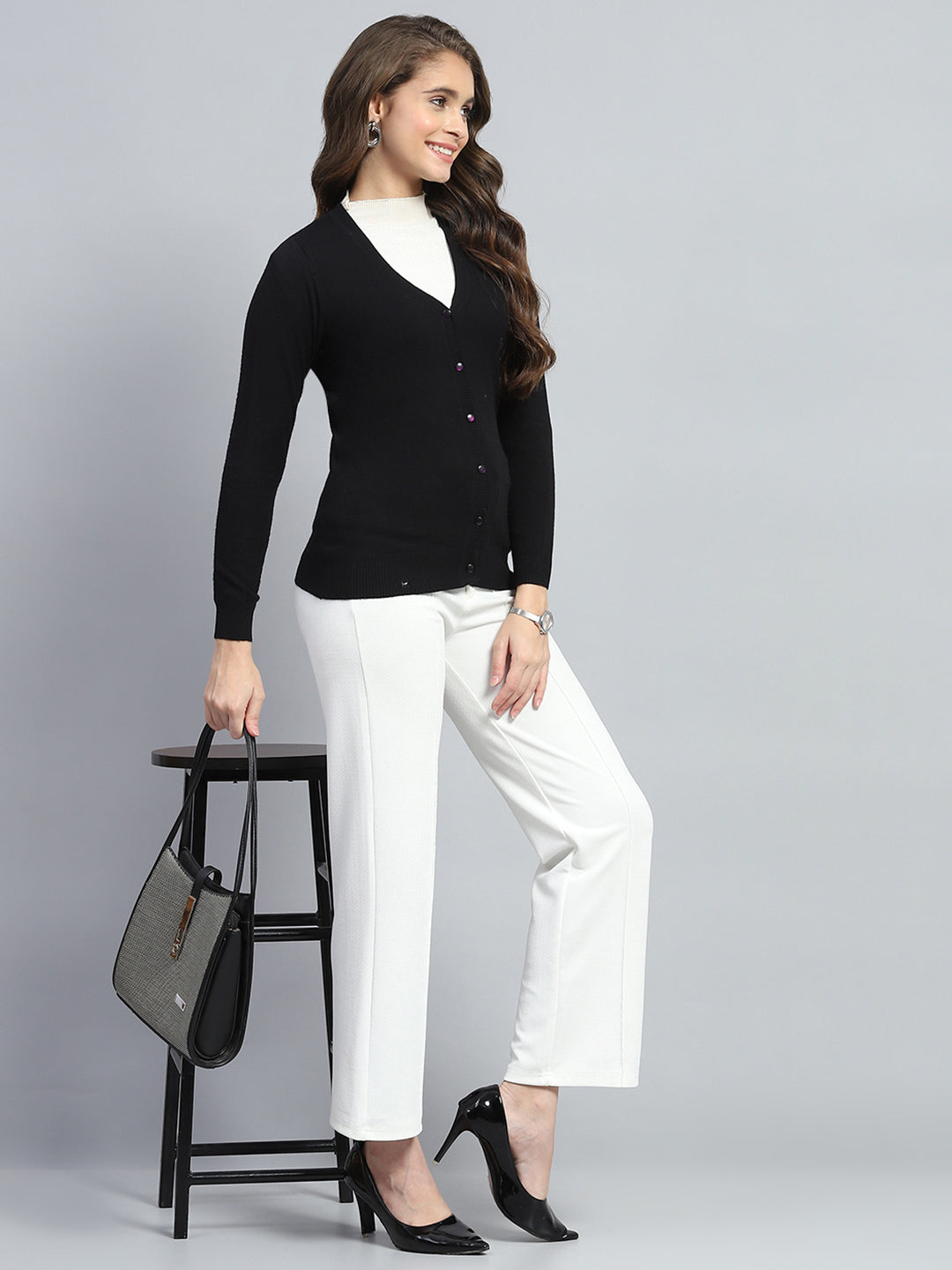 Women Black Solid V Neck Full Sleeve Cardigan - Main Image