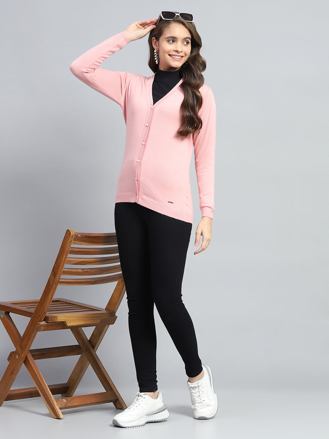 Women Pink Solid V Neck Full Sleeve Cardigan