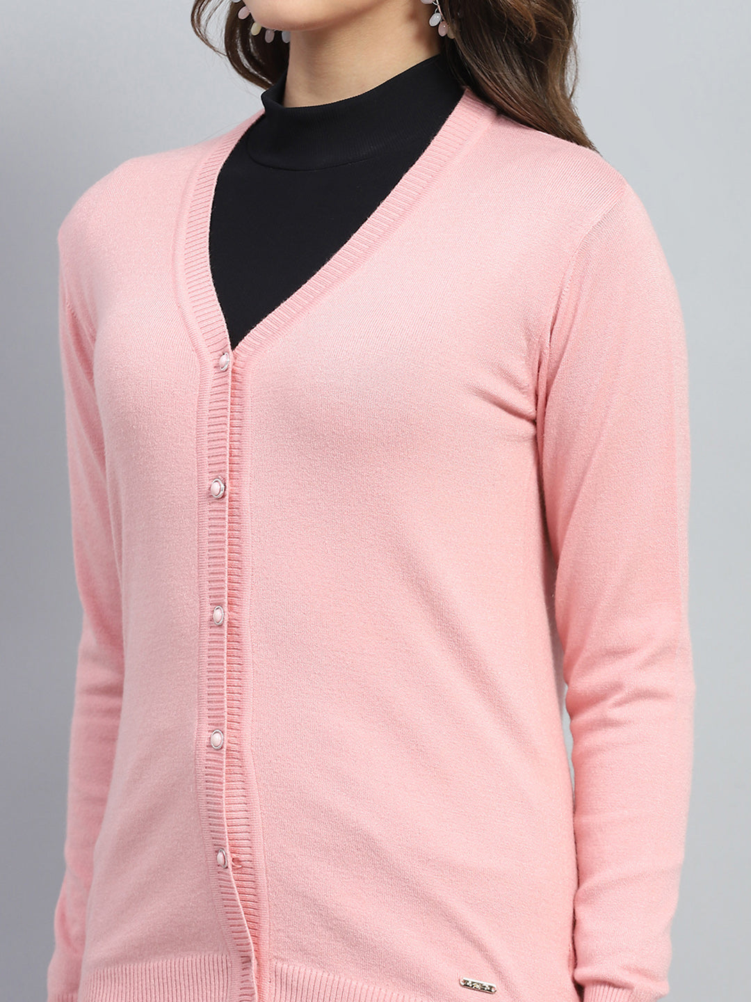 Women Pink Solid V Neck Full Sleeve Cardigan