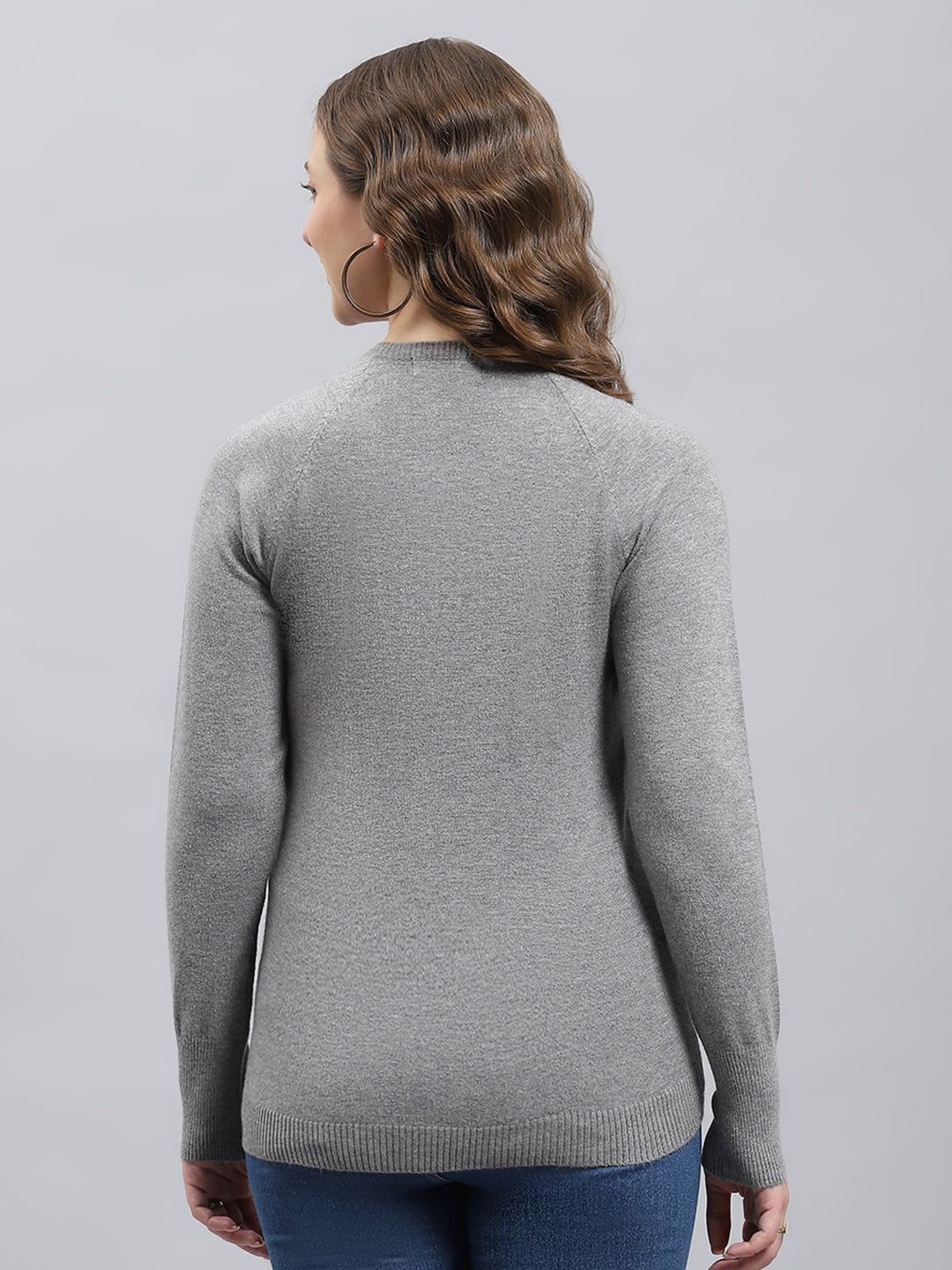 Women Grey Solid V Neck Full Sleeve Pullover
