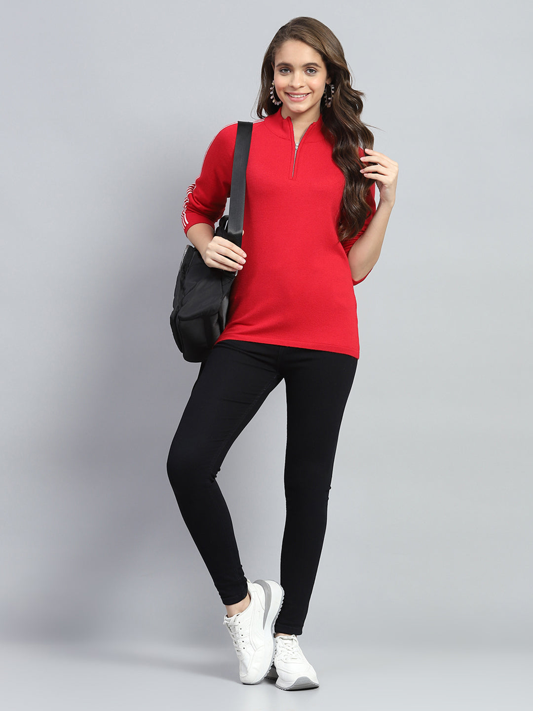 Women Red Solid Mock Neck Full Sleeve Pullover