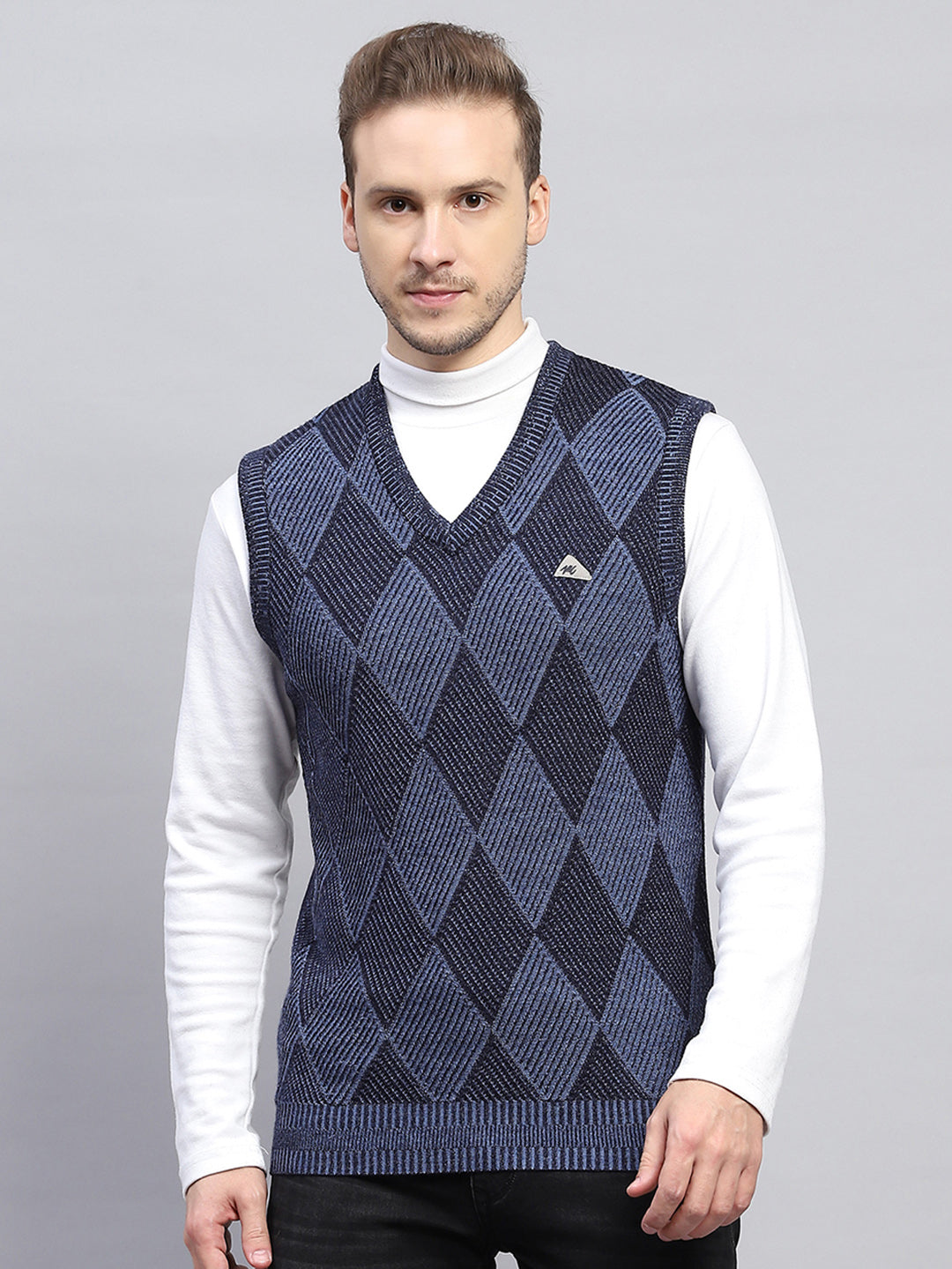 Men Navy Blue Self Design V Neck Sleeveless Sweater