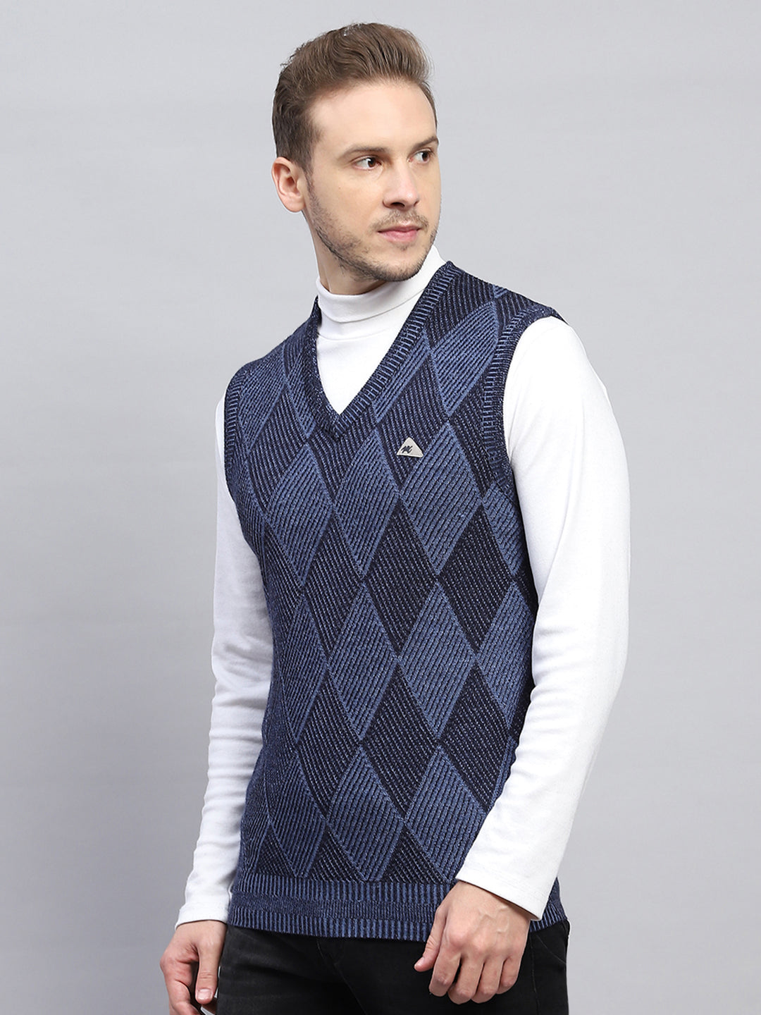 Men Navy Blue Self Design V Neck Sleeveless Sweater
