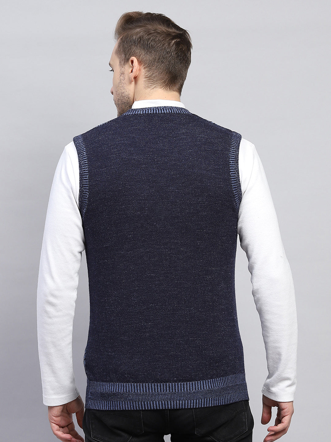 Men Navy Blue Self Design V Neck Sleeveless Sweater