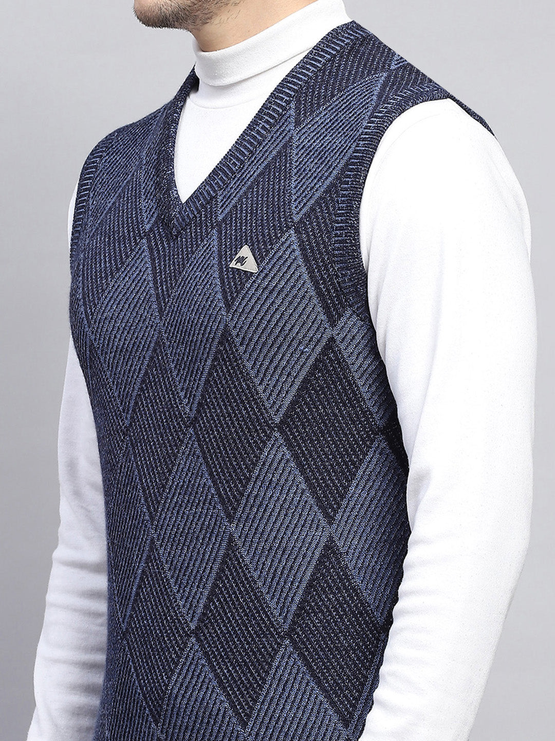 Men Navy Blue Self Design V Neck Sleeveless Sweater