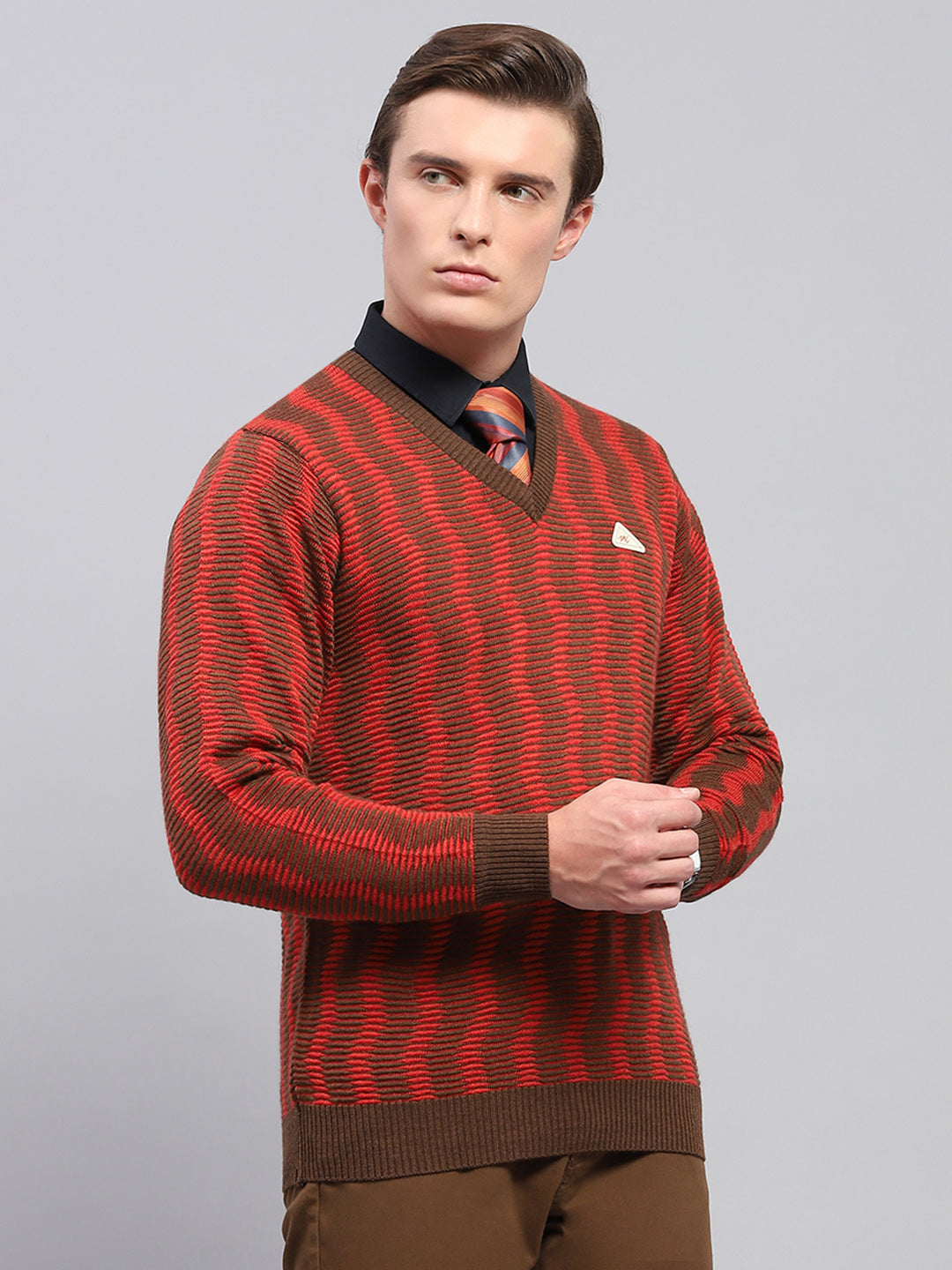 Men Brown Self Design V Neck Full Sleeve Pullover