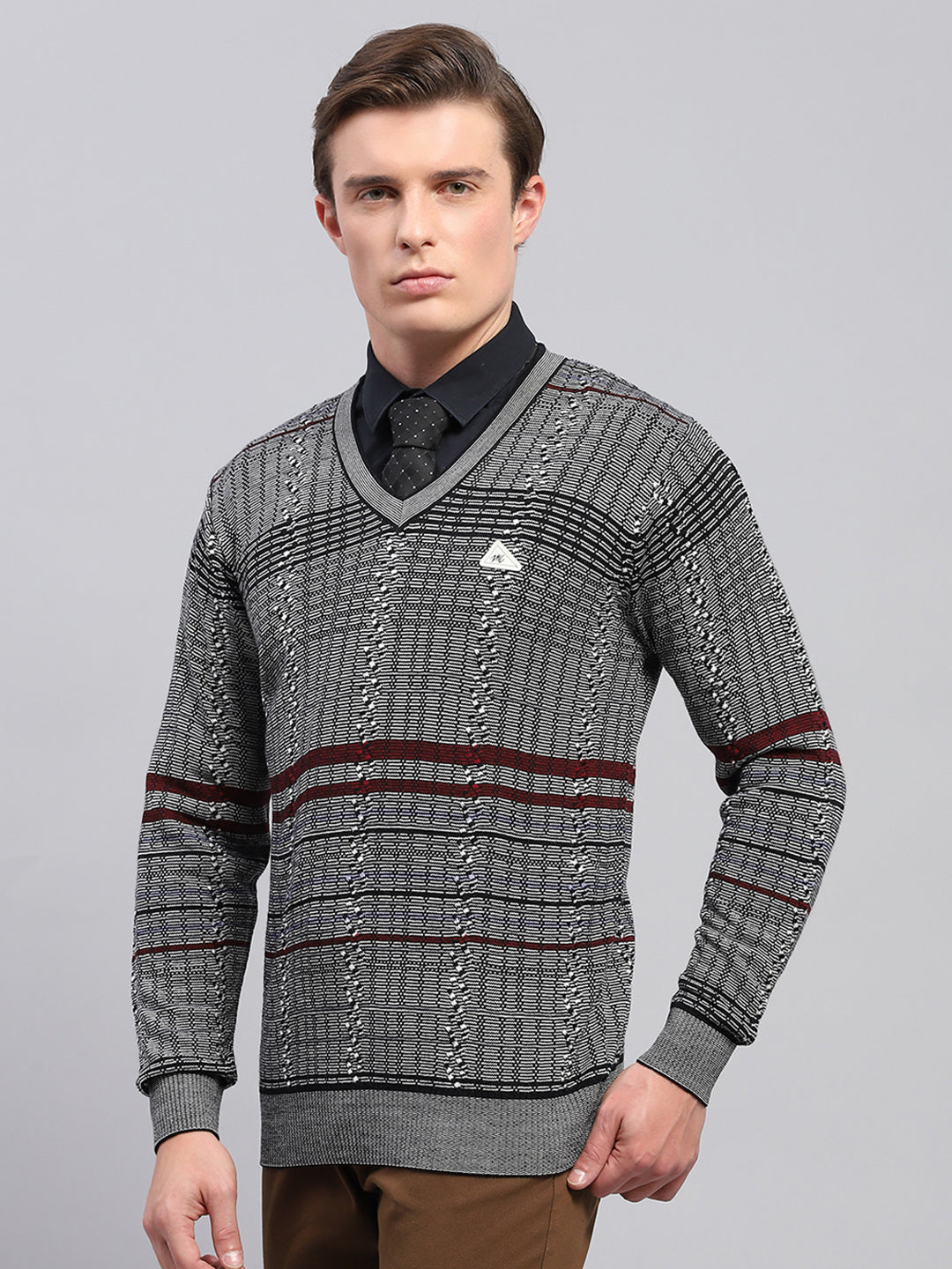 Men Grey Self Design V Neck Full Sleeve Pullover