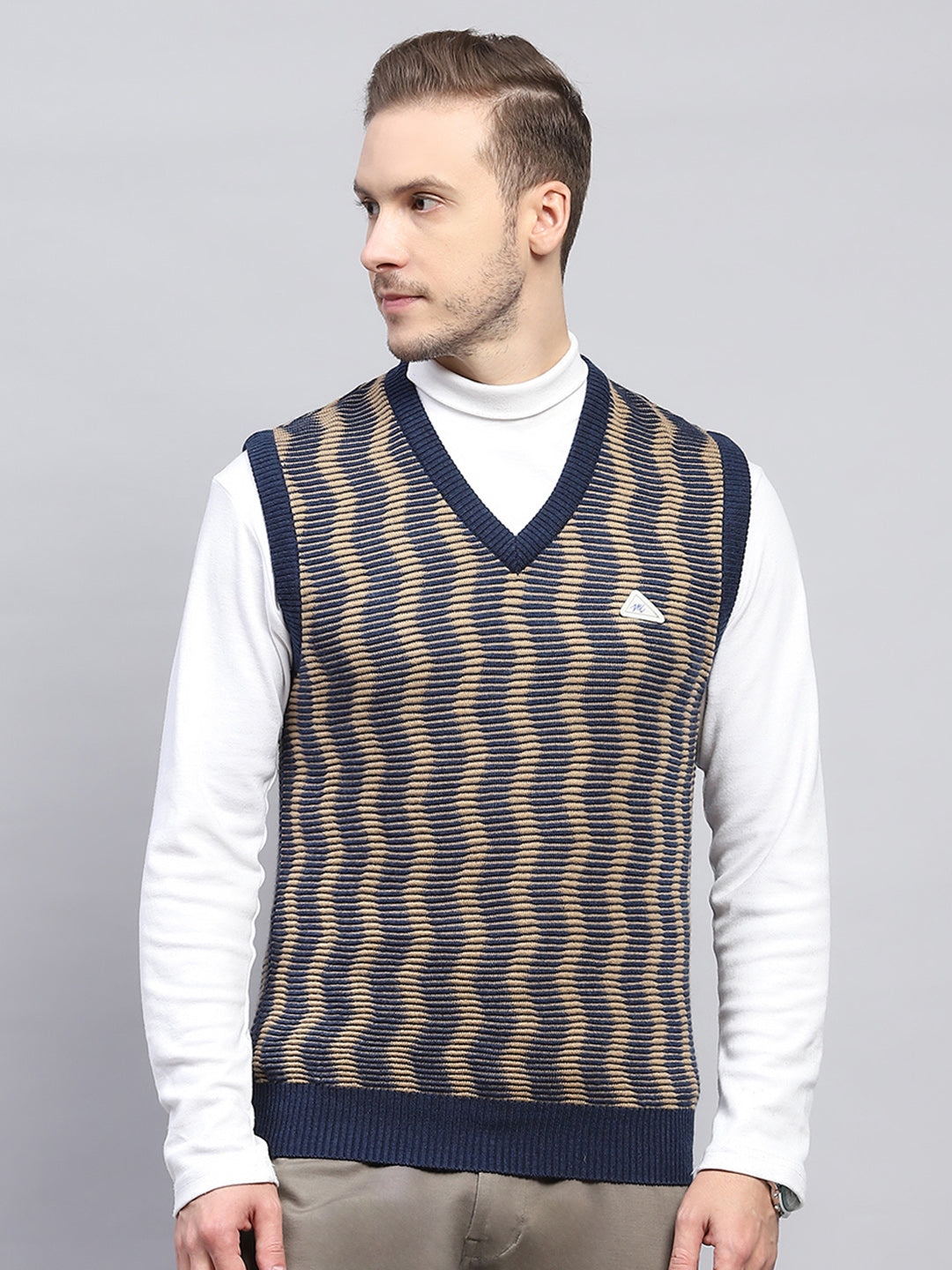 Men Navy Blue Self Design V Neck Sleeveless Sweater