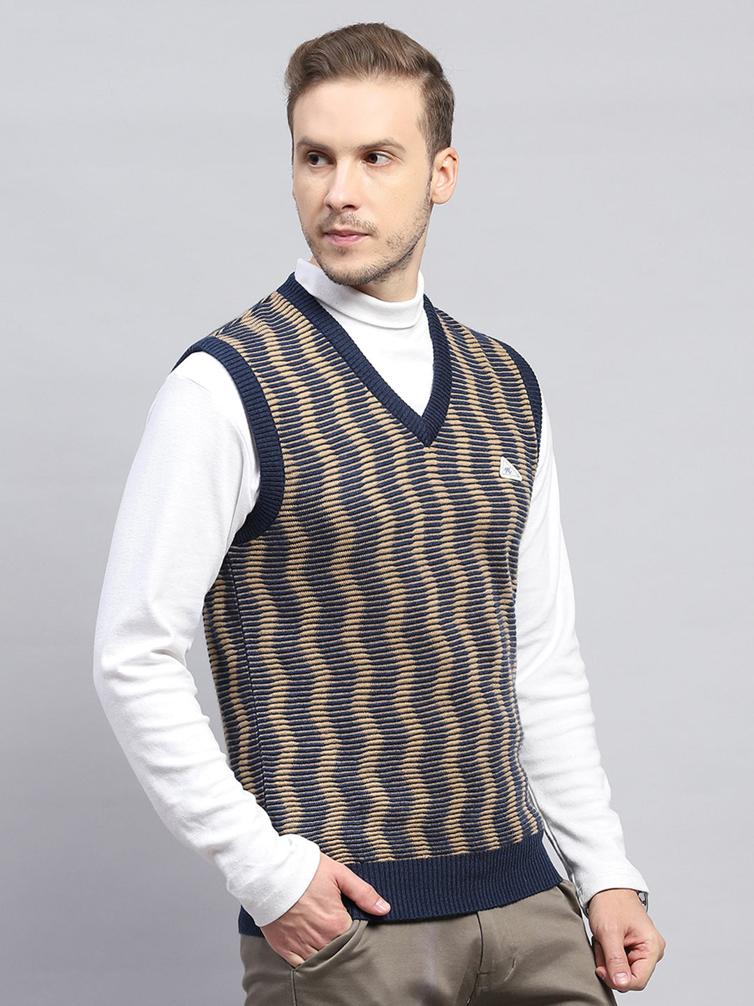 Men Navy Blue Self Design V Neck Sleeveless Sweater