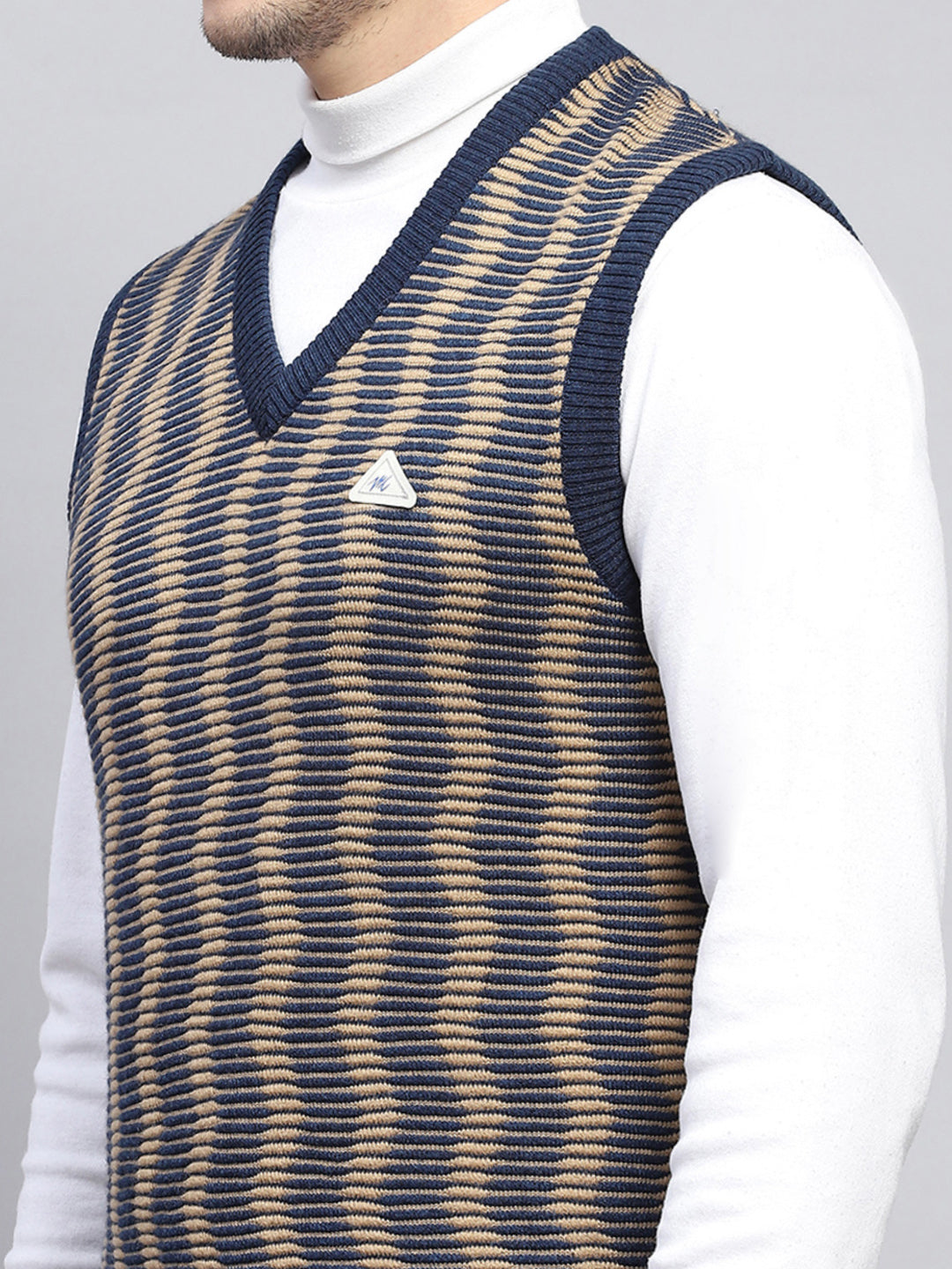 Men Navy Blue Self Design V Neck Sleeveless Sweater