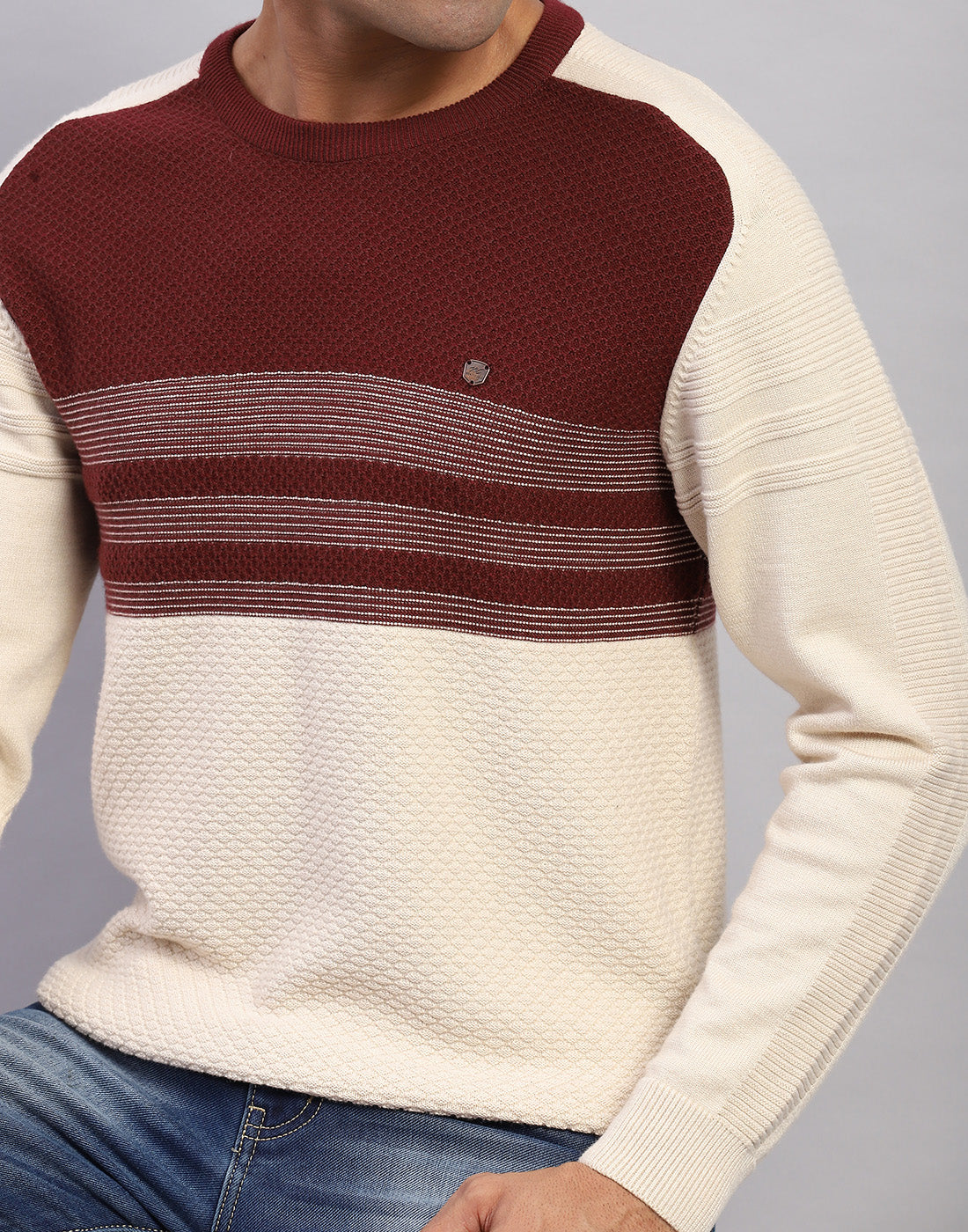 Men Off White Self Design Round Neck Full Sleeve Pullover