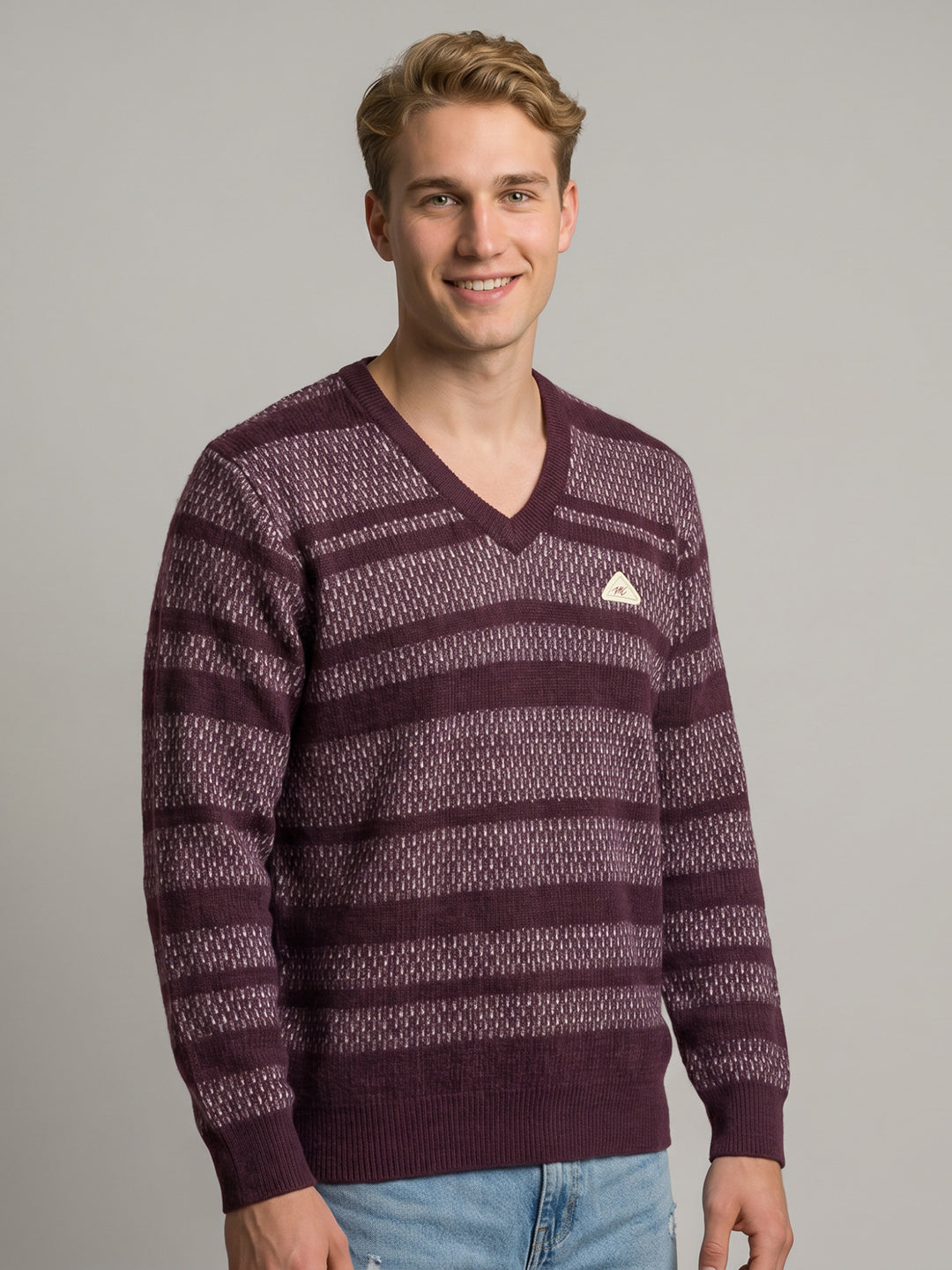 Men Purple Jacquard V Neck Full Sleeve Pullover