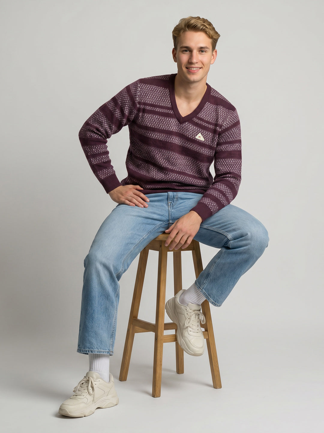 Men Purple Jacquard V Neck Full Sleeve Pullover