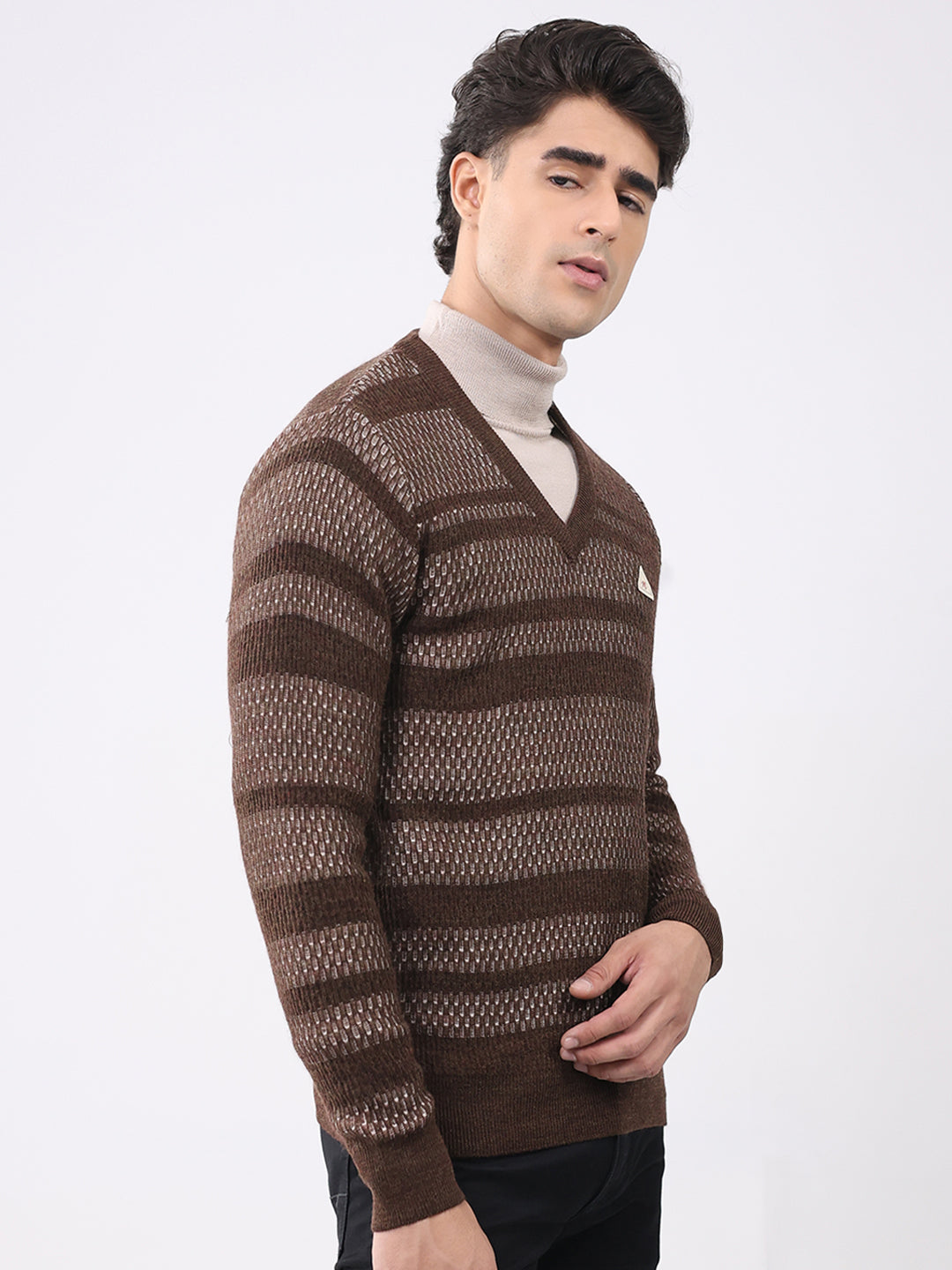 Men Brown Abstract V Neck Full Sleeve Pullover