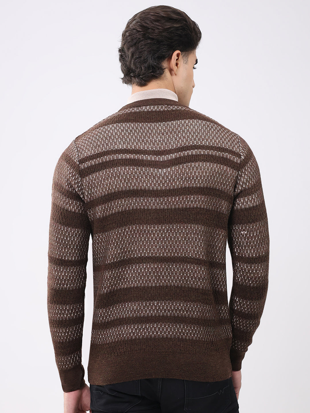 Men Brown Abstract V Neck Full Sleeve Pullover