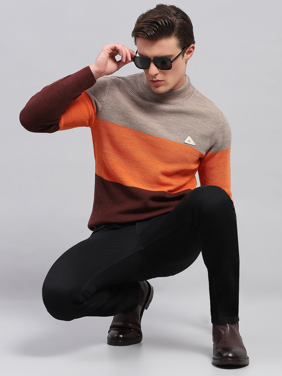 Men Beige & Brown Stripe High Neck Full Sleeve Pullover